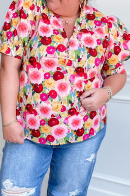 Plus Size Pink  Flower Print Split V Neck Puff Short Sleeve Top