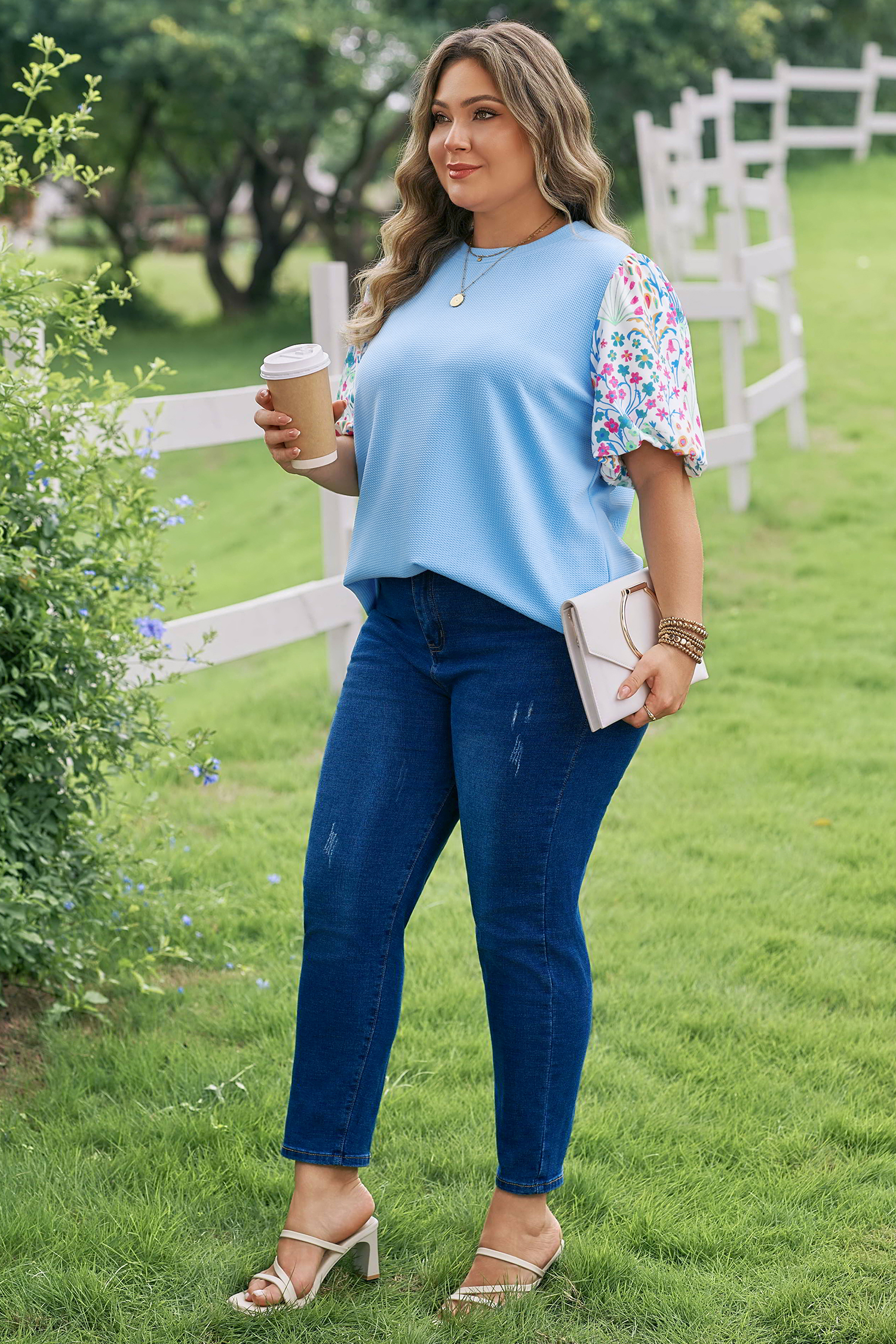 Plus Size Light Blue Textured Bodice Contrast Floral Sleeve  Top
