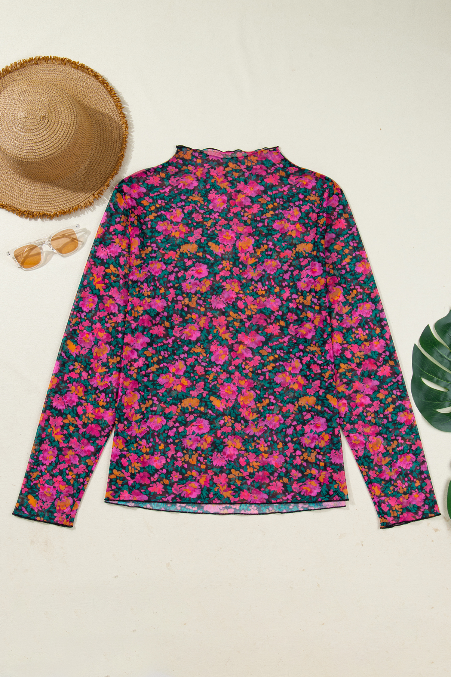 Plus Size Rose  Vintage Floral Print Mesh Long Sleeve Top