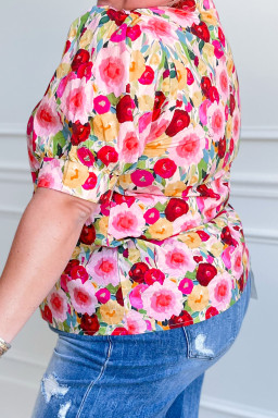 Plus Size Pink  Flower Print Split V Neck Puff Short Sleeve Top