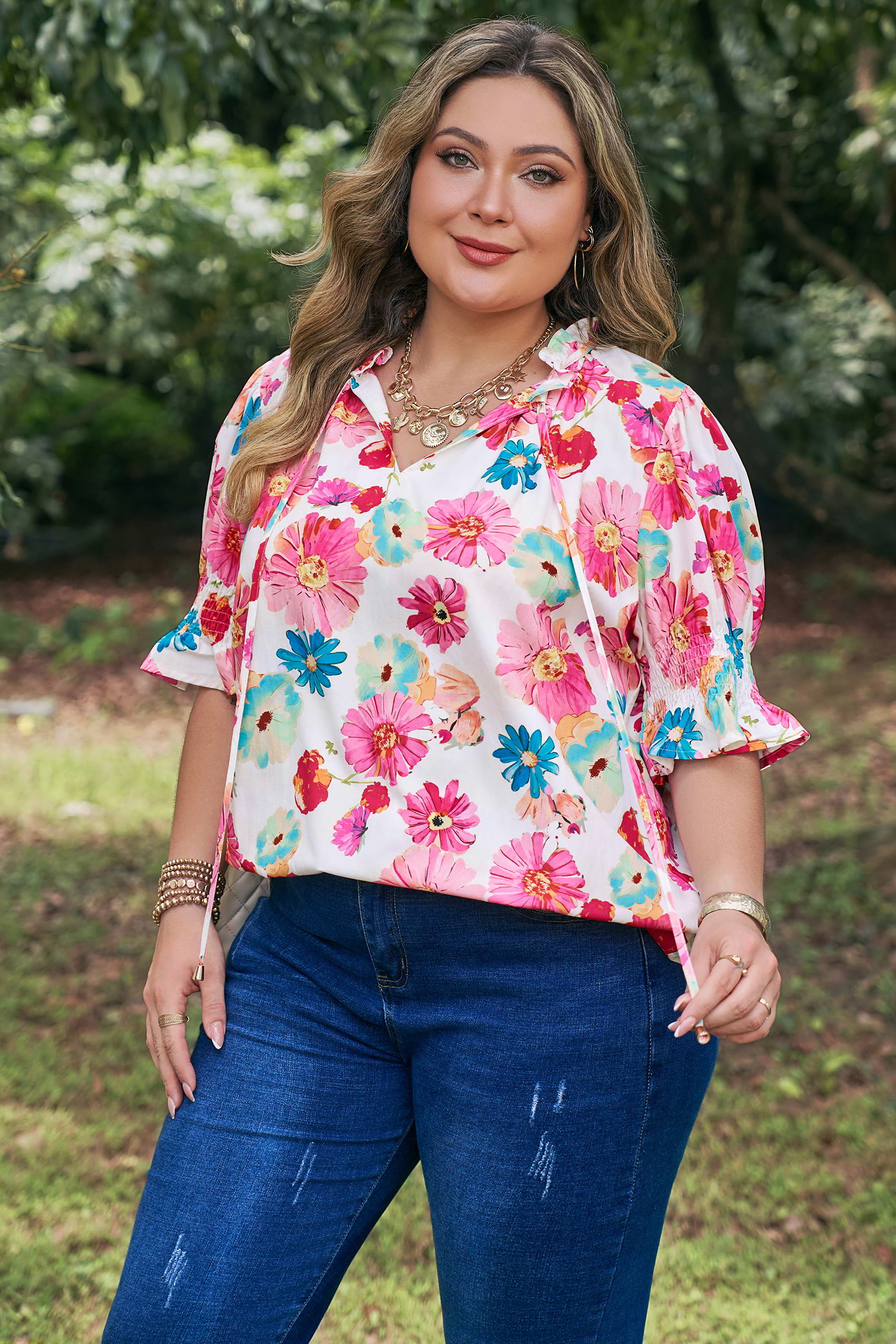 Plus Size Pink  Floral Print Ruched Short Sleeve Blouse