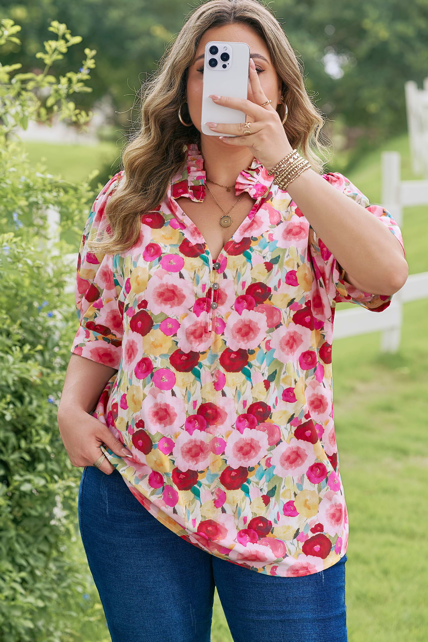 Plus Size Pink  Flower Print Split V Neck Puff Short Sleeve Top
