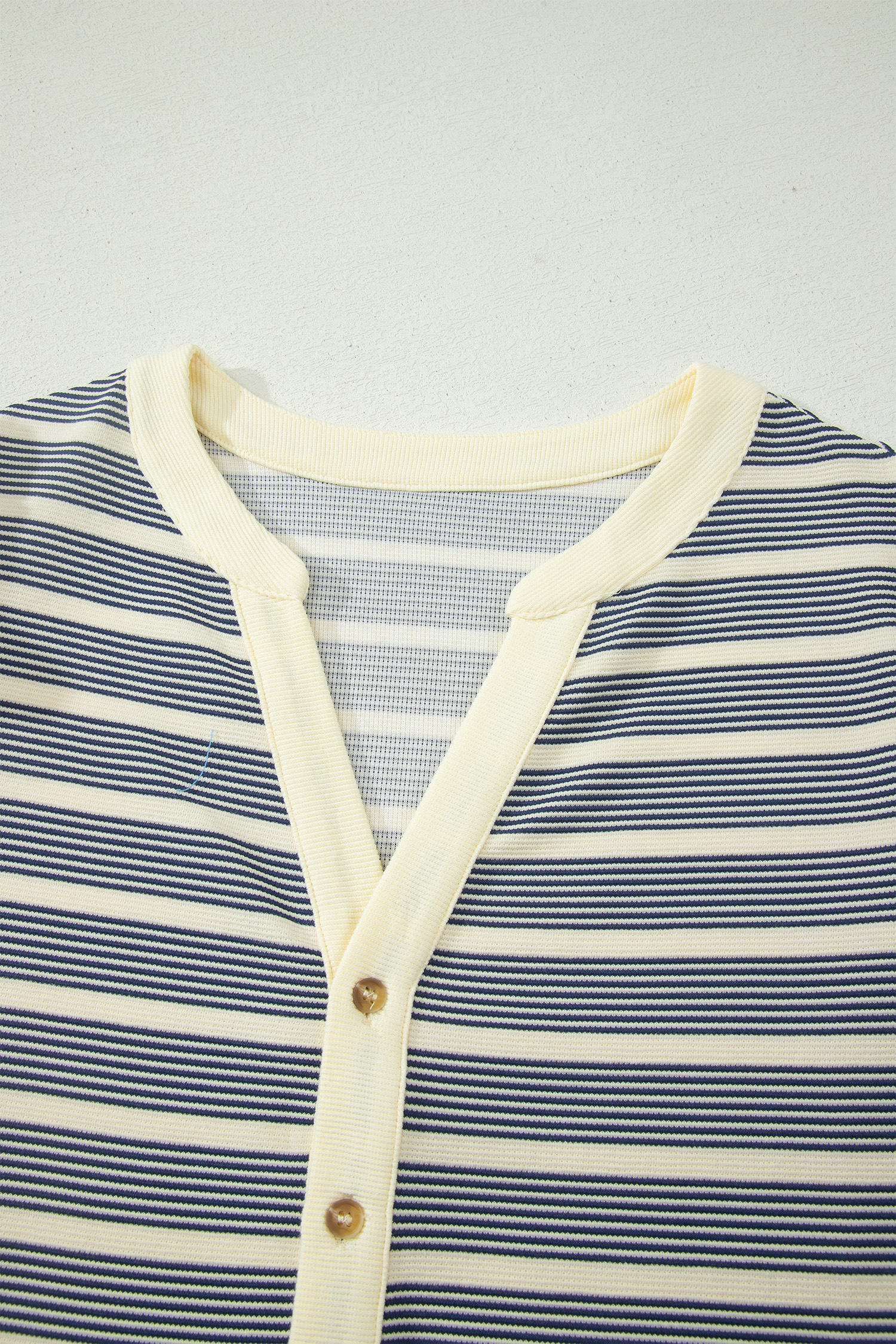 Plus Size Blue Stripe  Contrast Trim Button V Neck Ruffle Sleeve Shift Dress