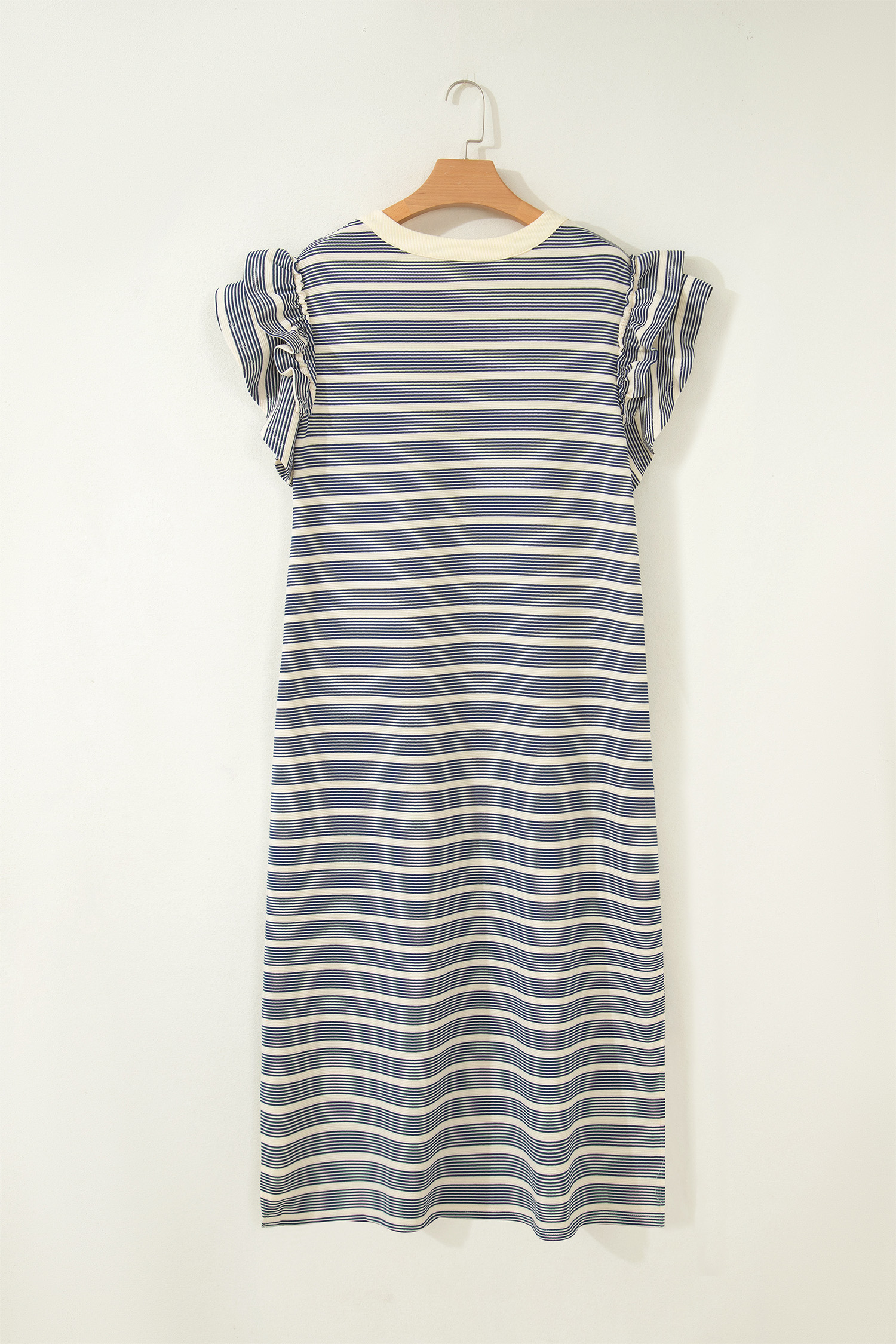 Plus Size Blue Stripe  Contrast Trim Button V Neck Ruffle Sleeve Shift Dress