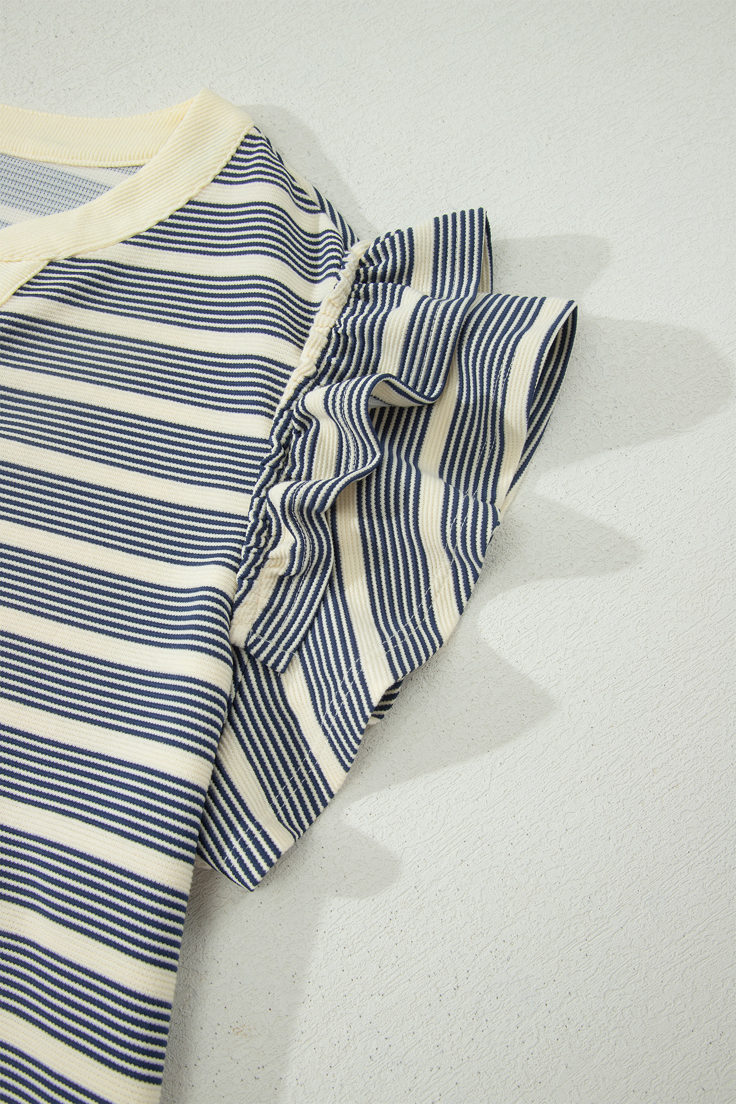 Plus Size Blue Stripe  Contrast Trim Button V Neck Ruffle Sleeve Shift Dress