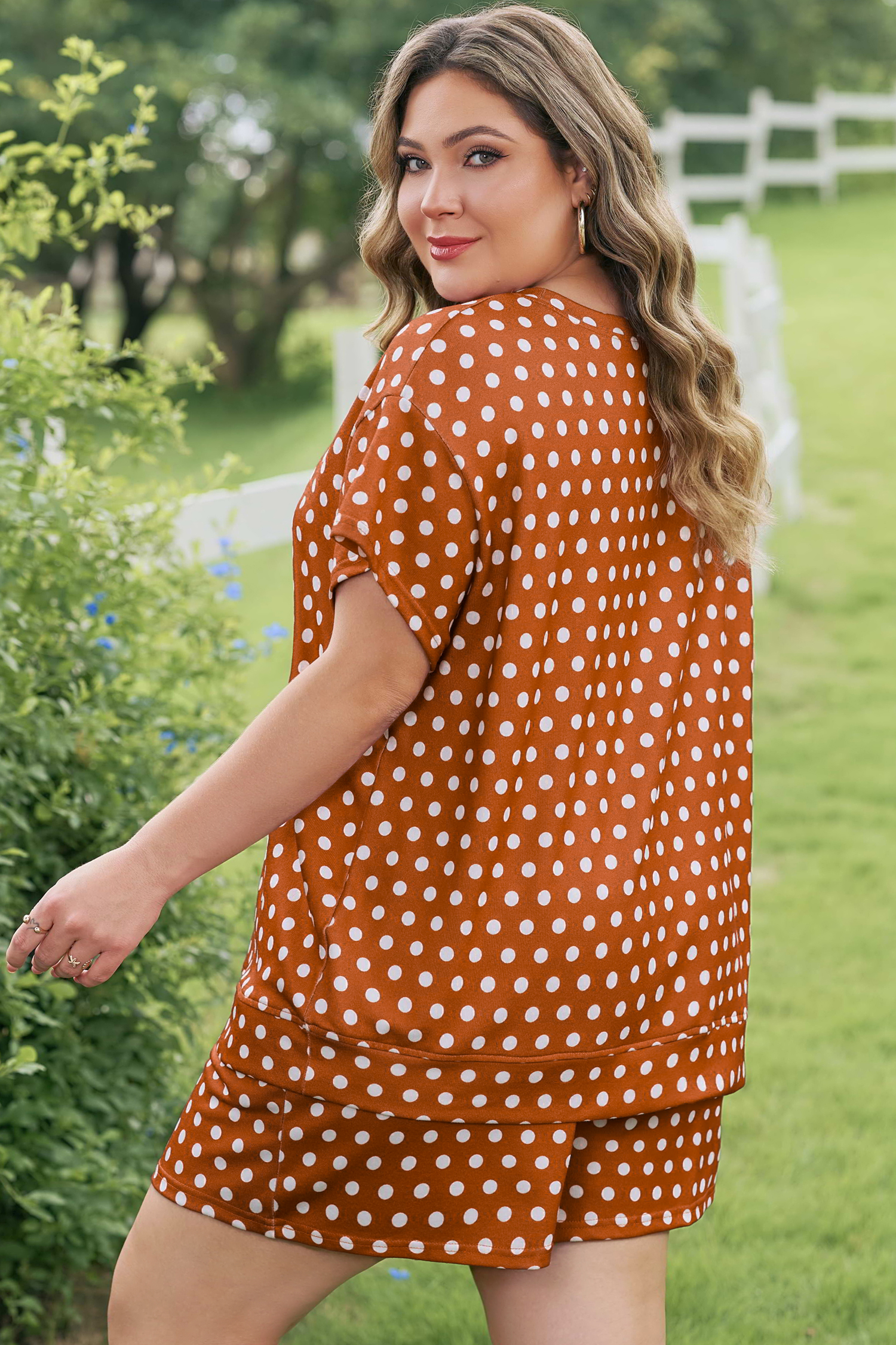Plus Size Brown Polka Dot Print Dropped Shoulder Tee  Short Set