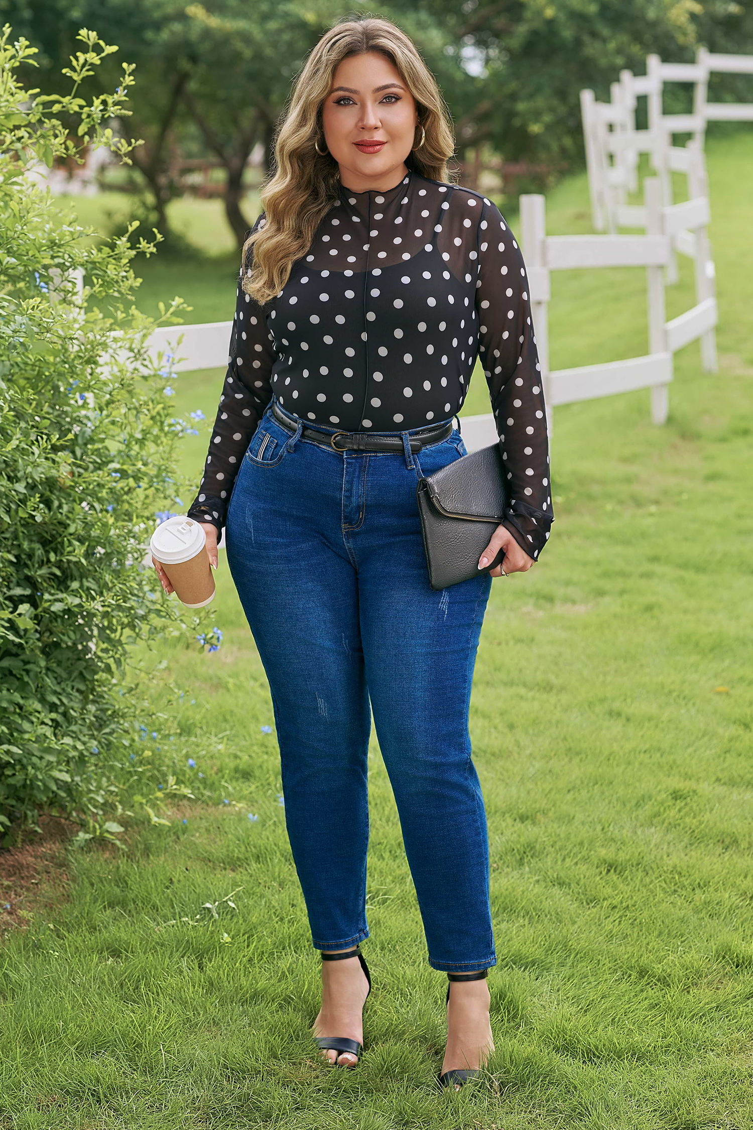 Plus Size Black  Mock Neck Polka Dot Long Sleeve Mesh Top