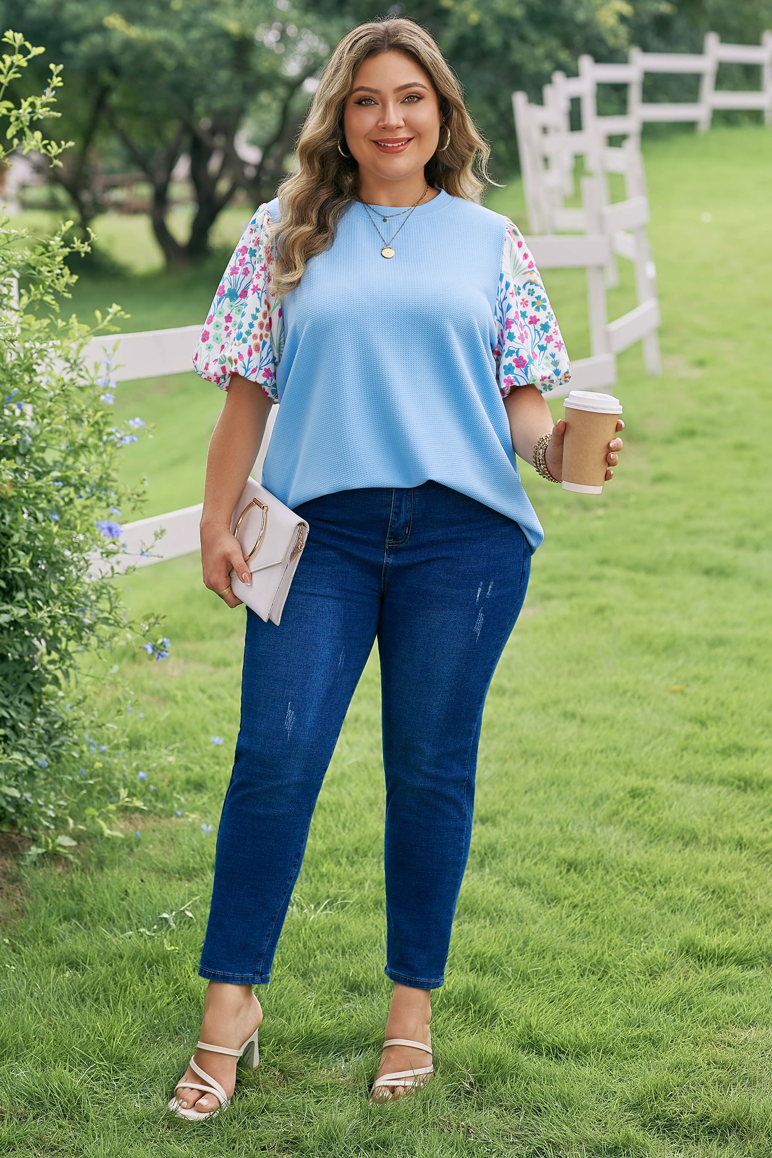 Plus Size Light Blue Textured Bodice Contrast Floral Sleeve  Top