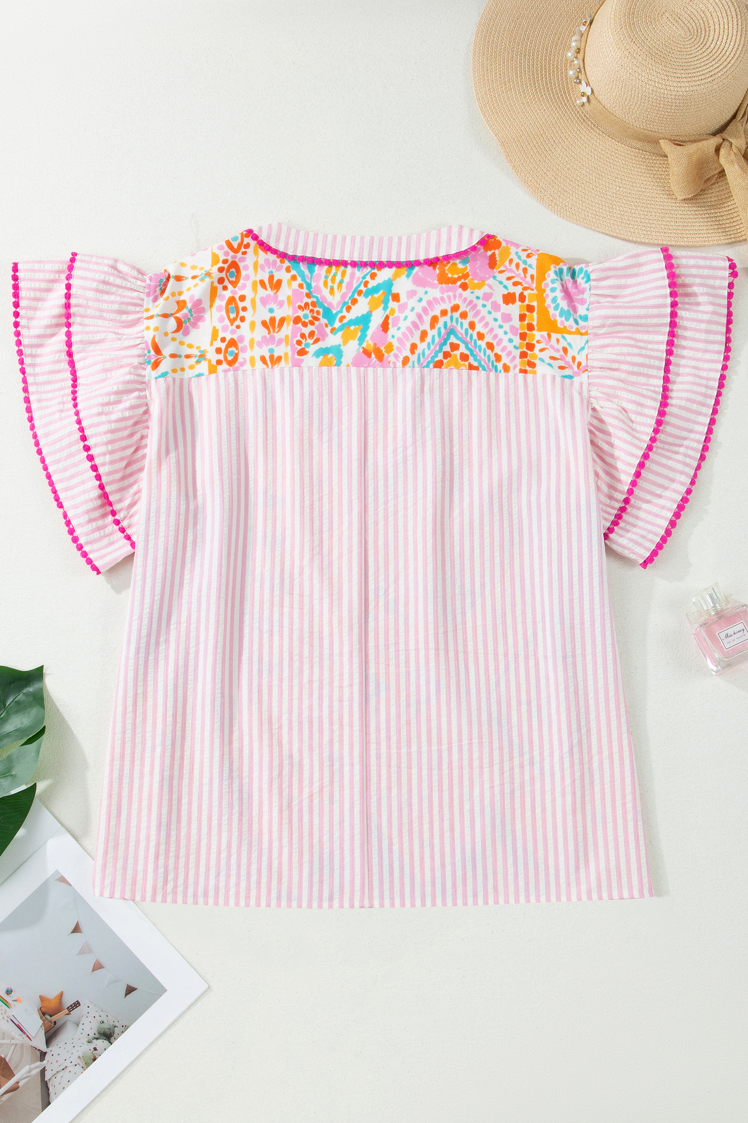 Plus Size Rose  Geometric Print Contrast Trim Striped V Neck Blouse