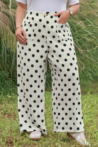 Plus Size White  Polka Dot Print Patch Pocket Womens Shift Pants