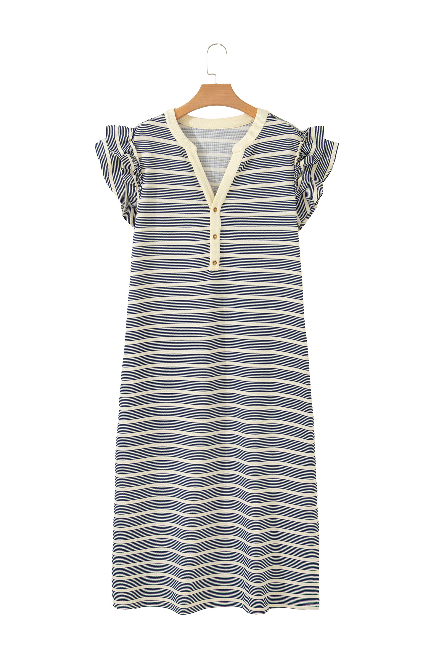 Plus Size Blue Stripe  Contrast Trim Button V Neck Ruffle Sleeve Shift Dress