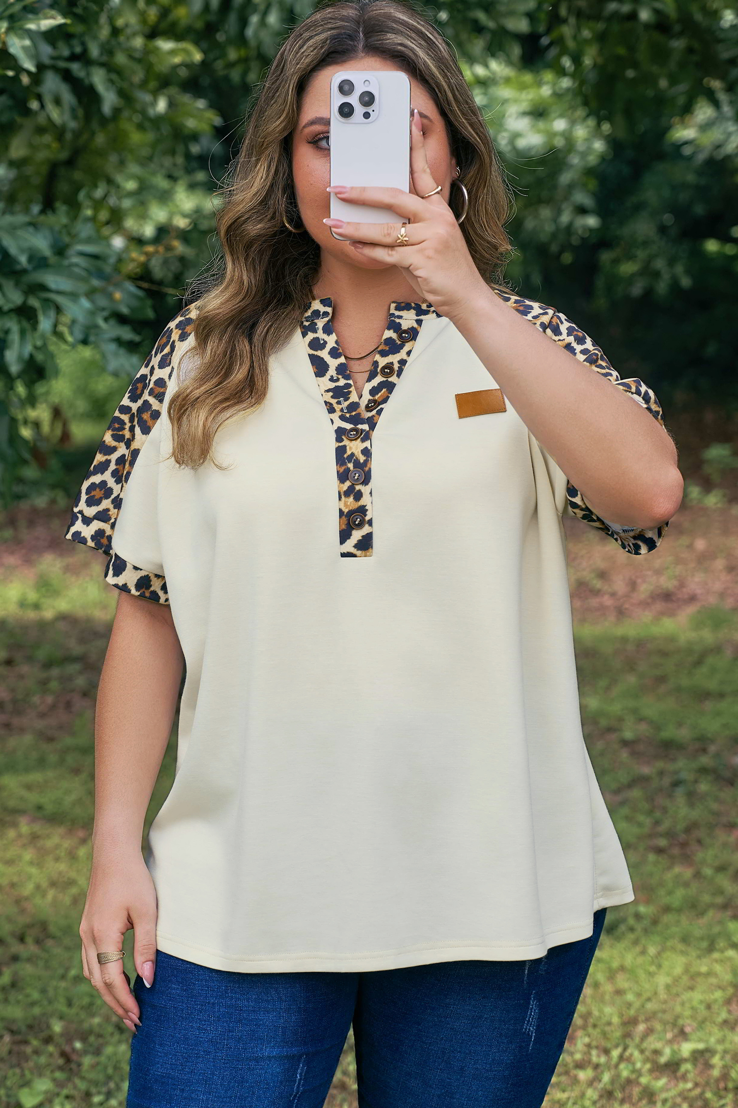 Plus Size Beige  Leopard Contrast Patchwork Polo Tee