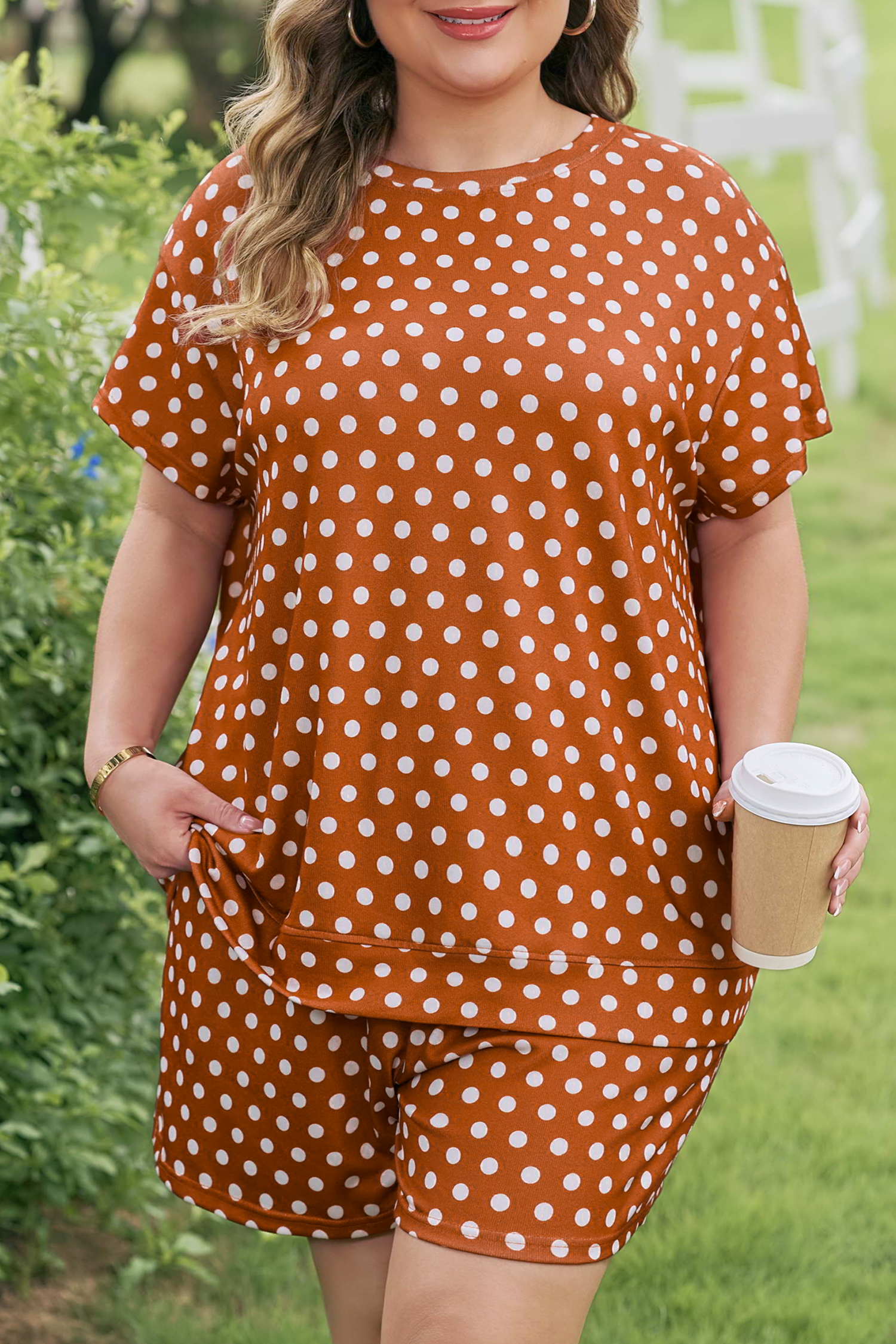 Plus Size Brown Polka Dot Print Dropped Shoulder Tee  Short Set