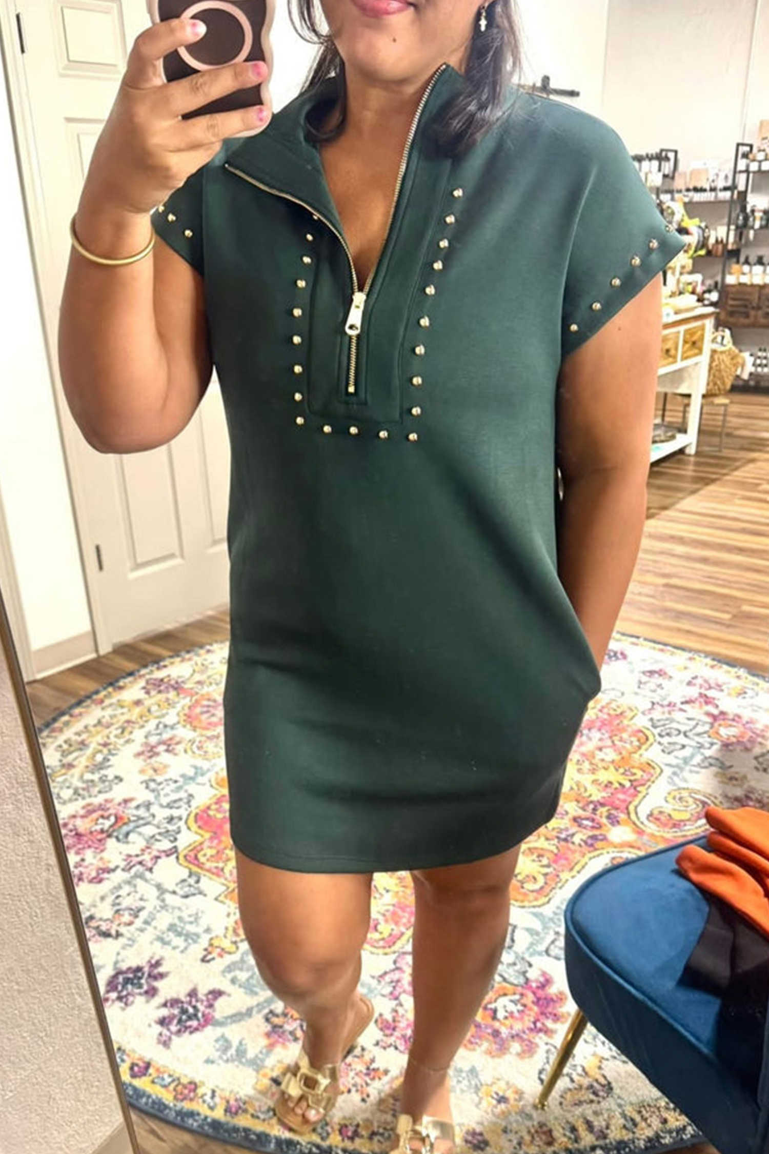 Plus Size Evergreen  Glow Studded Zip up T Shirt Dress with Pockets