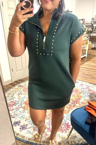 Plus Size Evergreen  Glow Studded Zip up T Shirt Dress with Pockets