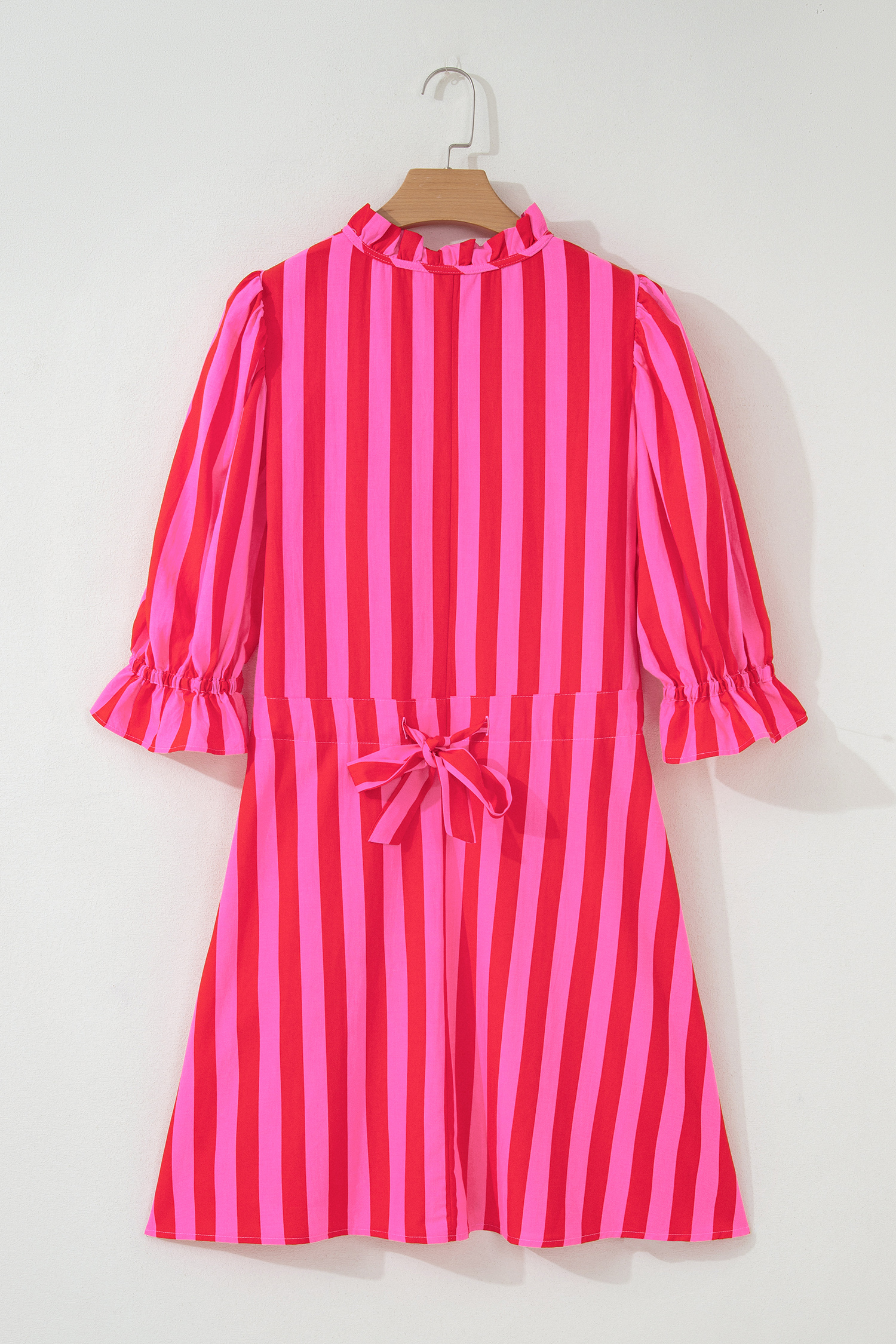 Rose Stripe Frilled Collar Button Neck Short Sleeve Curvy Mini Dress