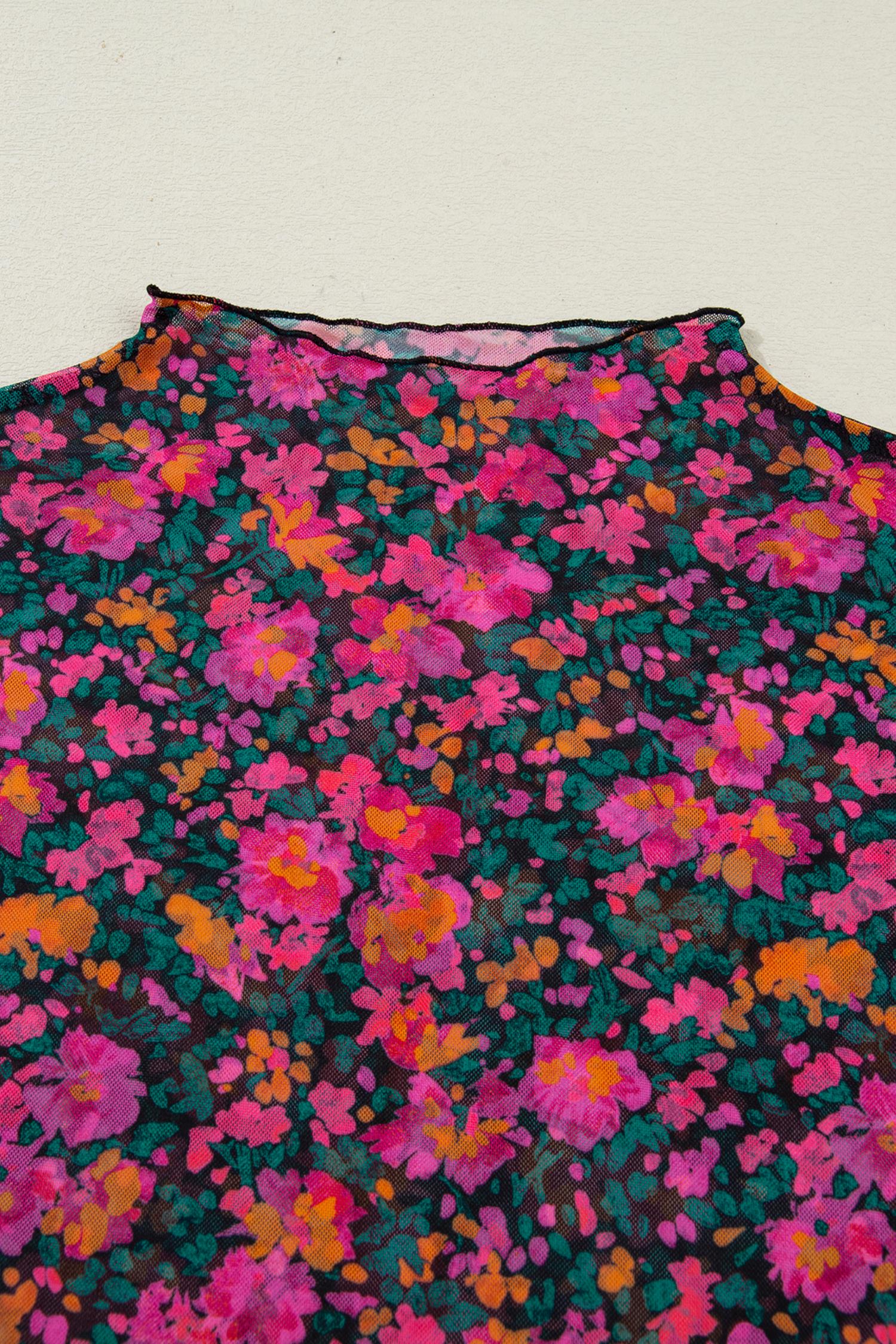 Plus Size Rose  Vintage Floral Print Mesh Long Sleeve Top
