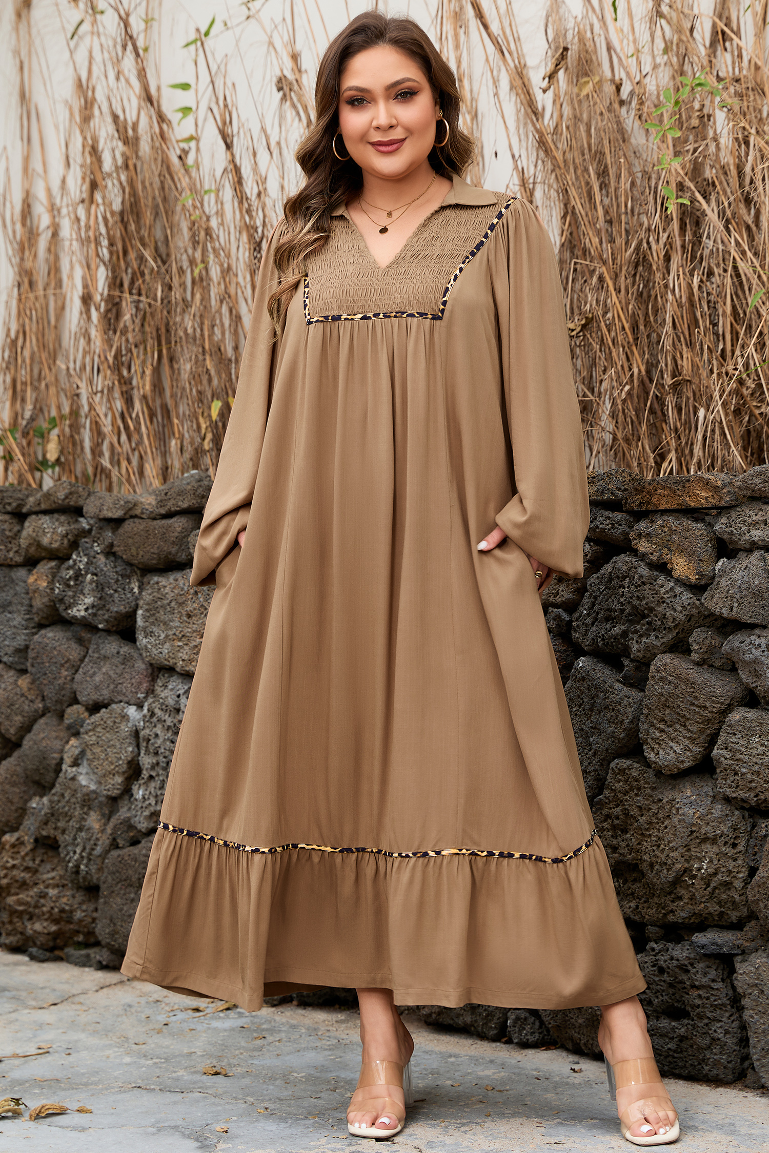 Plus Size Chestnut Smocked V Neckline Leopard Piping Accent Bracelet  Long Dress