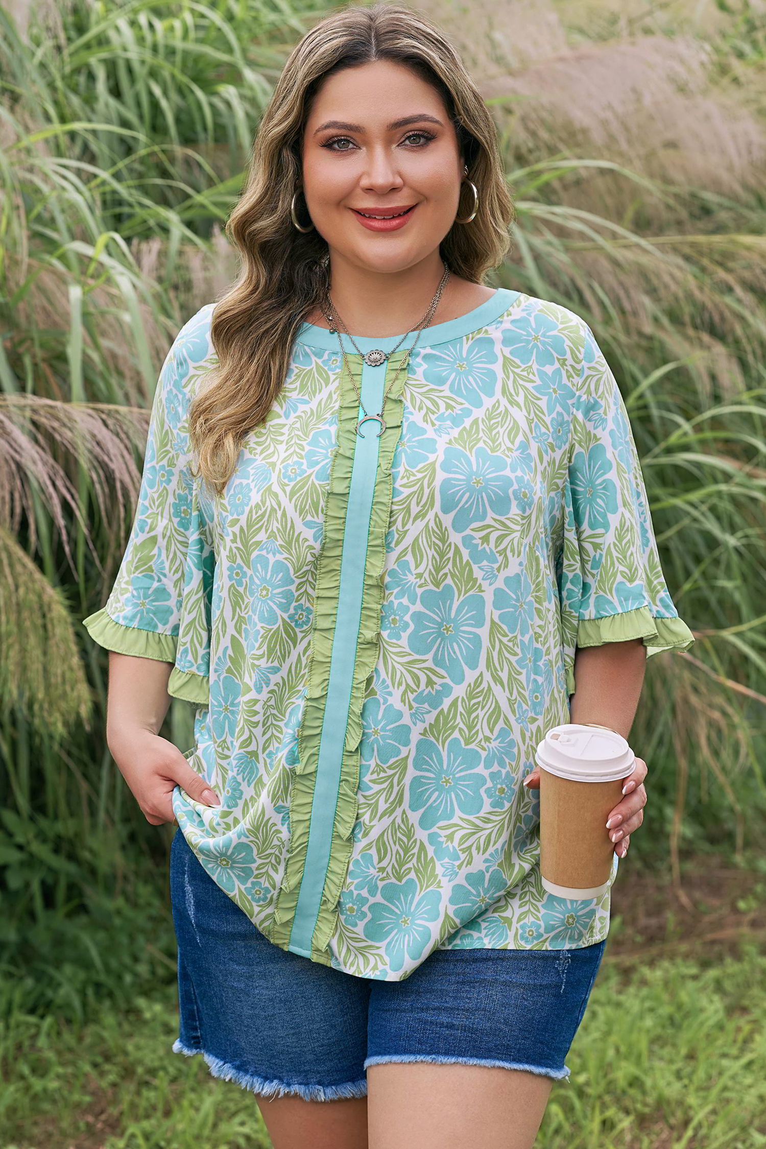 Plus Size Sky Blue  Floral Print Frilled Color Block Trim Short Sleeve Blouse