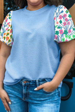 Plus Size Light Blue Textured Bodice Contrast Floral Sleeve  Top