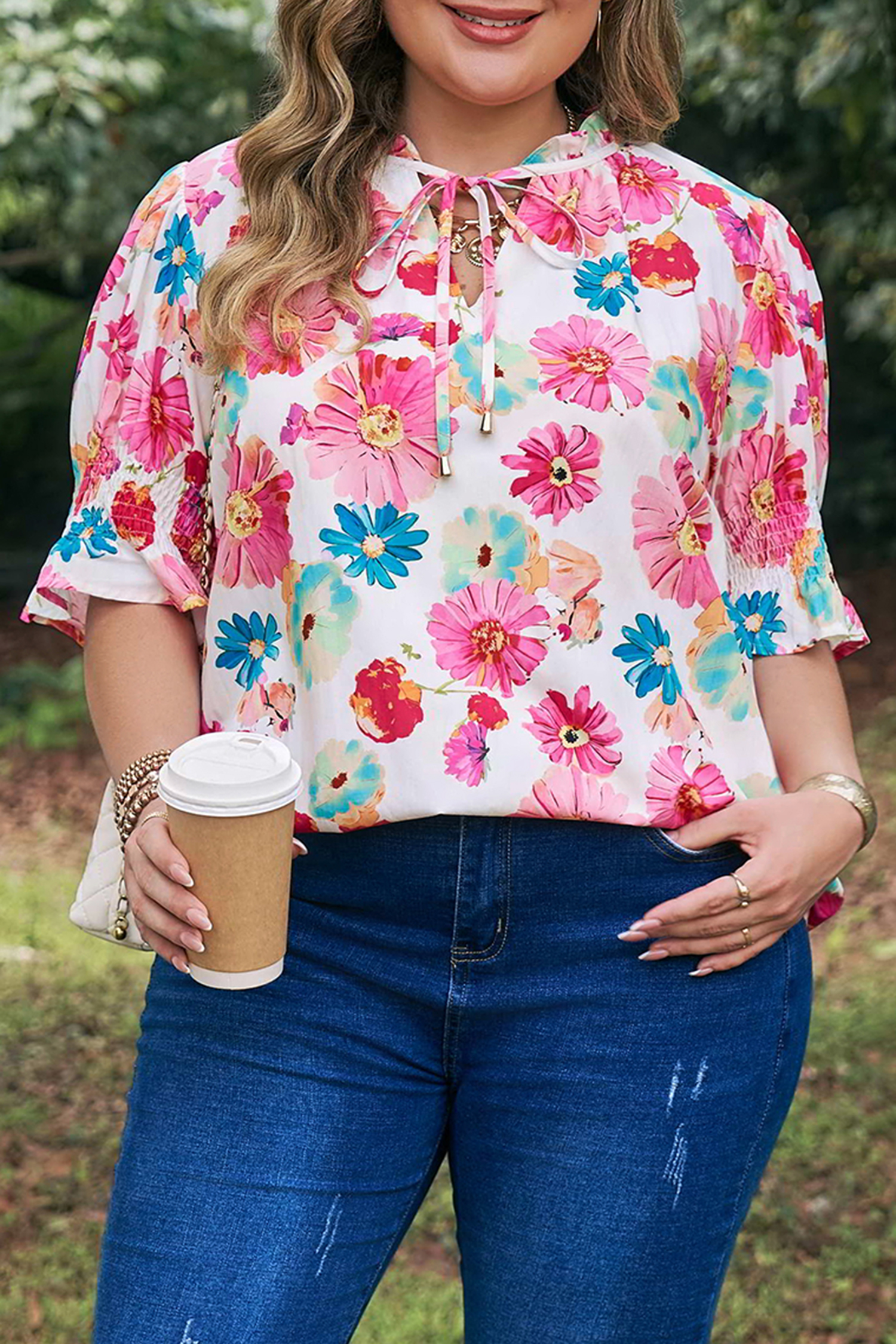 Plus Size Pink  Floral Print Ruched Short Sleeve Blouse