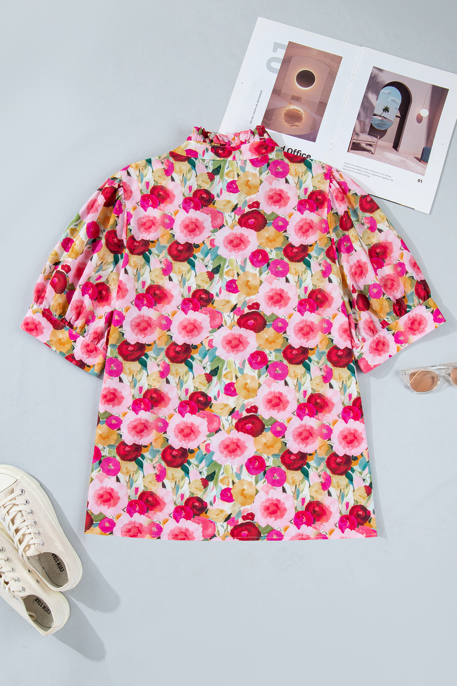 Plus Size Pink  Flower Print Split V Neck Puff Short Sleeve Top
