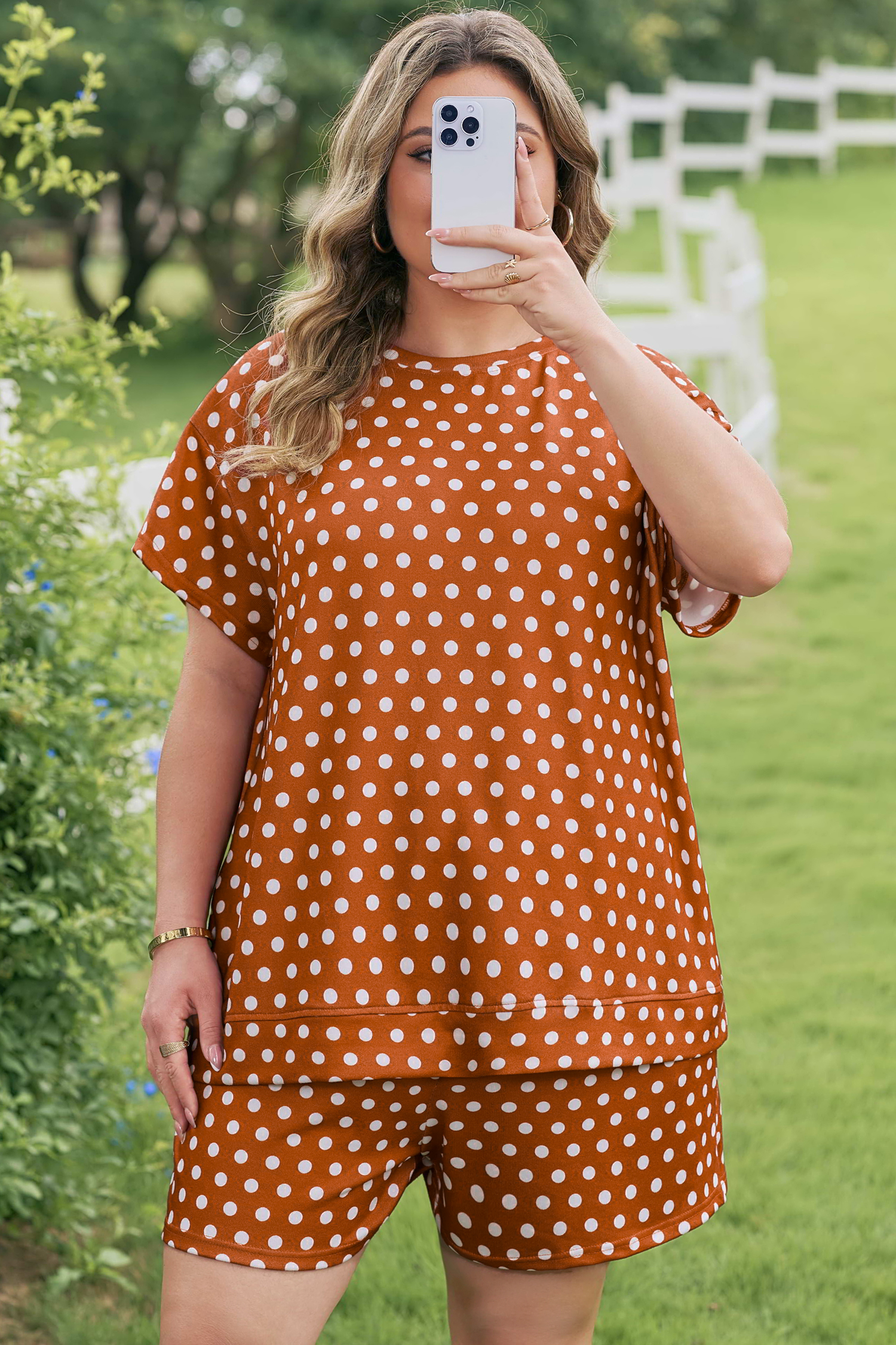 Plus Size Brown Polka Dot Print Dropped Shoulder Tee  Short Set