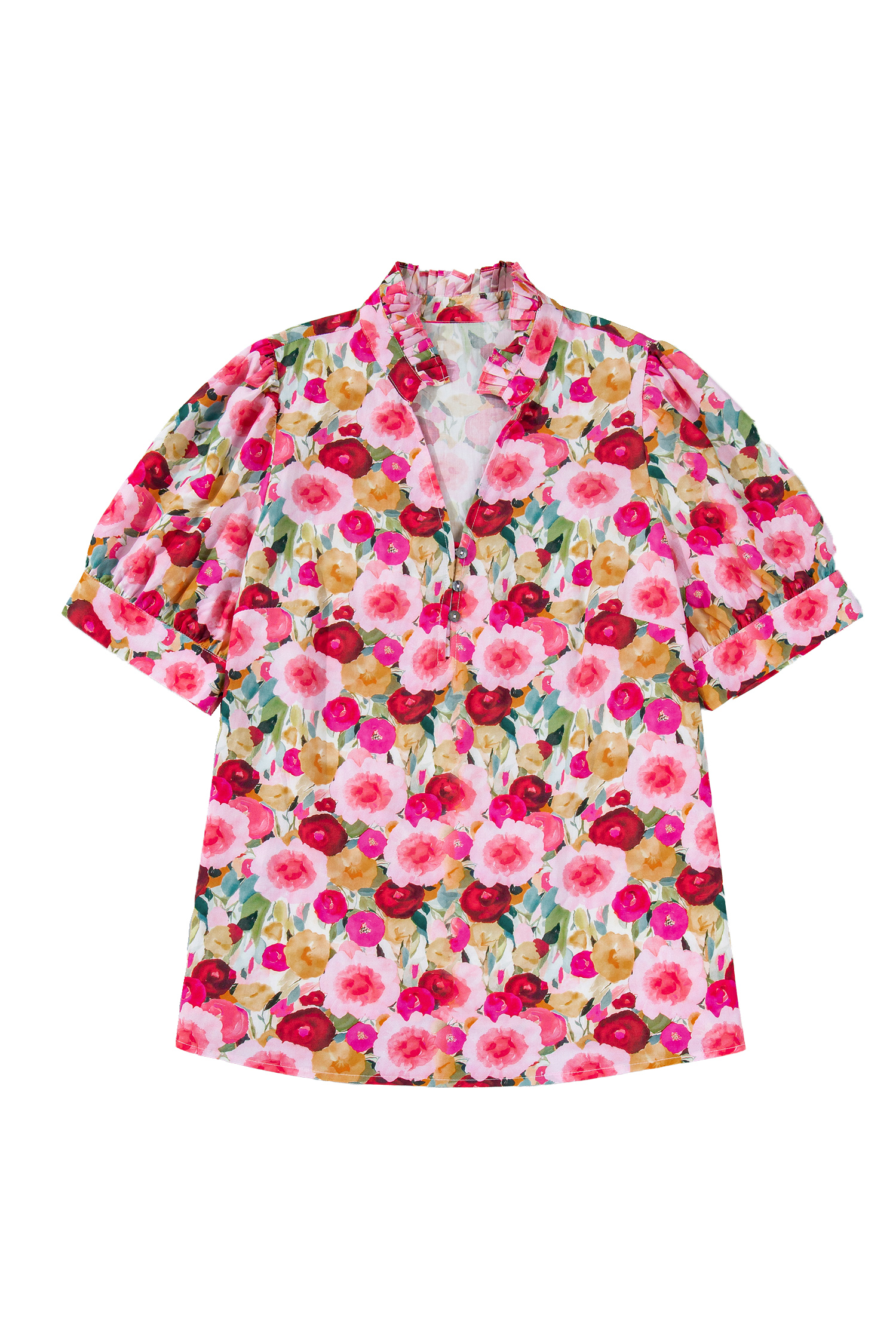 Plus Size Pink  Flower Print Split V Neck Puff Short Sleeve Top