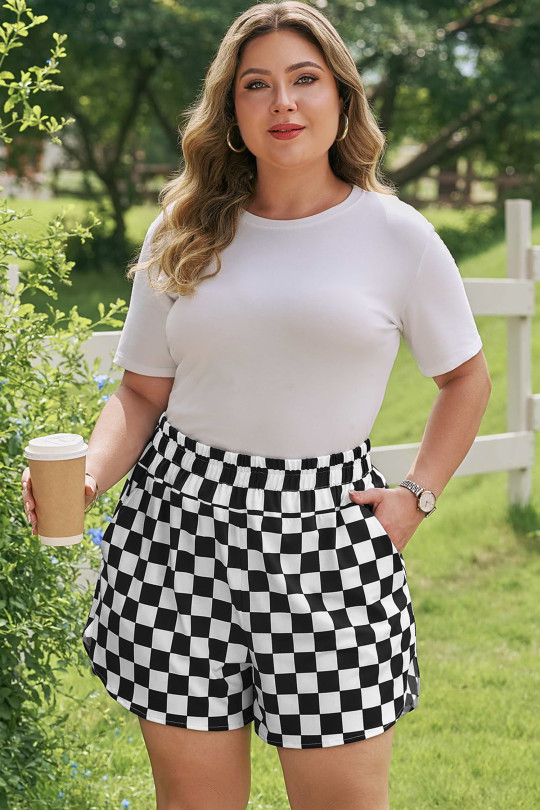 Plus Size Black  Checkered Athleisure Shorts