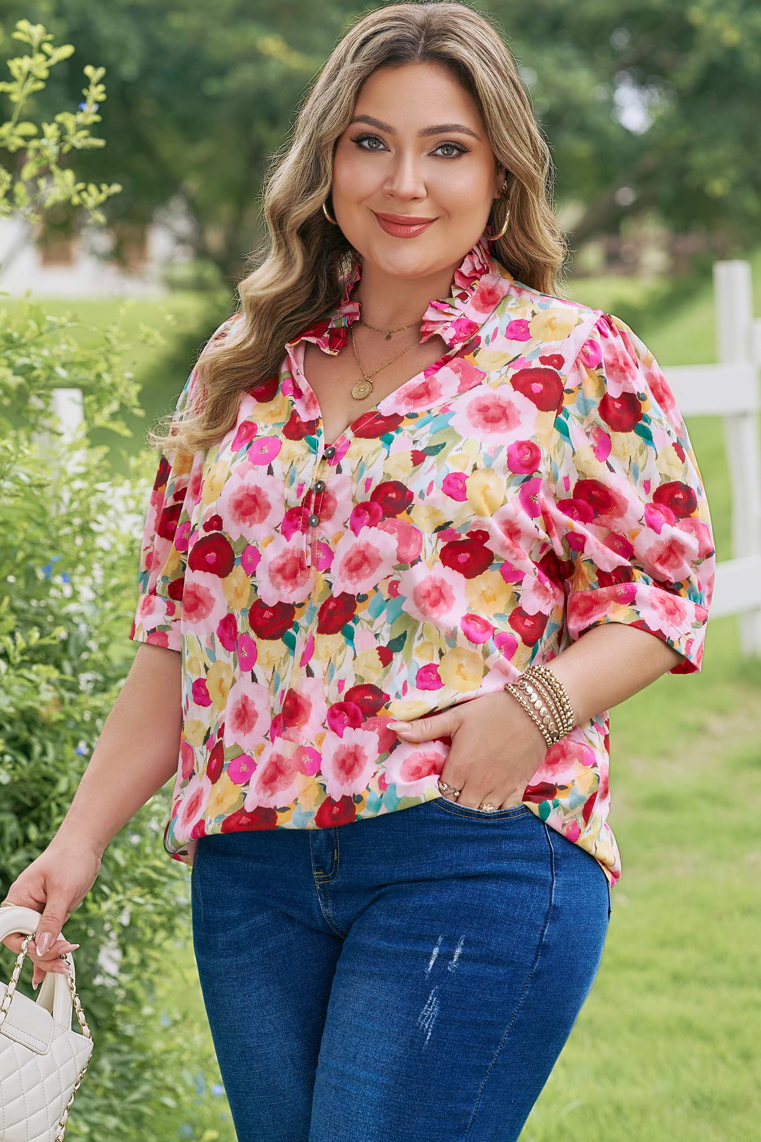 Plus Size Pink  Flower Print Split V Neck Puff Short Sleeve Top