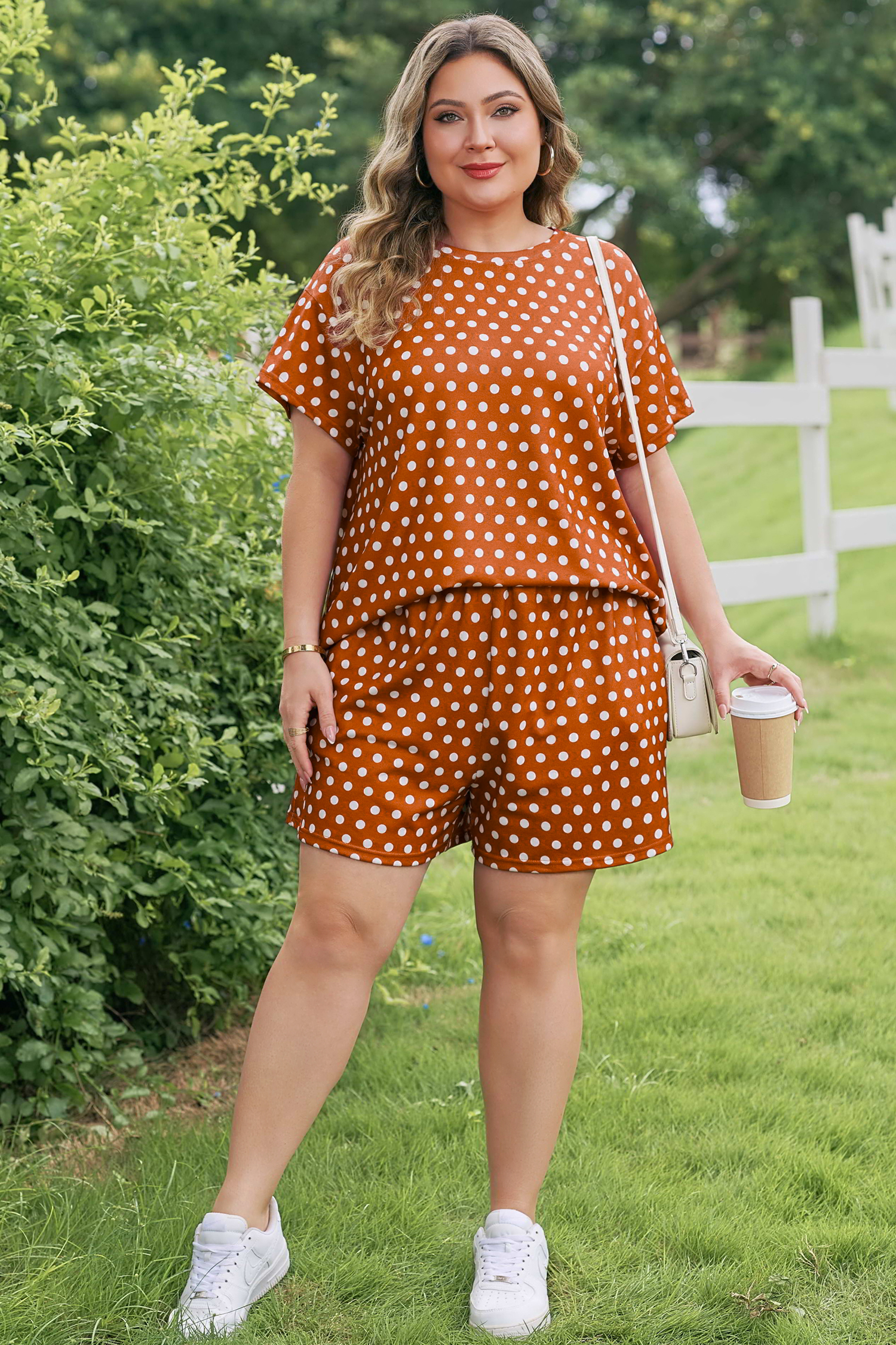 Plus Size Brown Polka Dot Print Dropped Shoulder Tee  Short Set