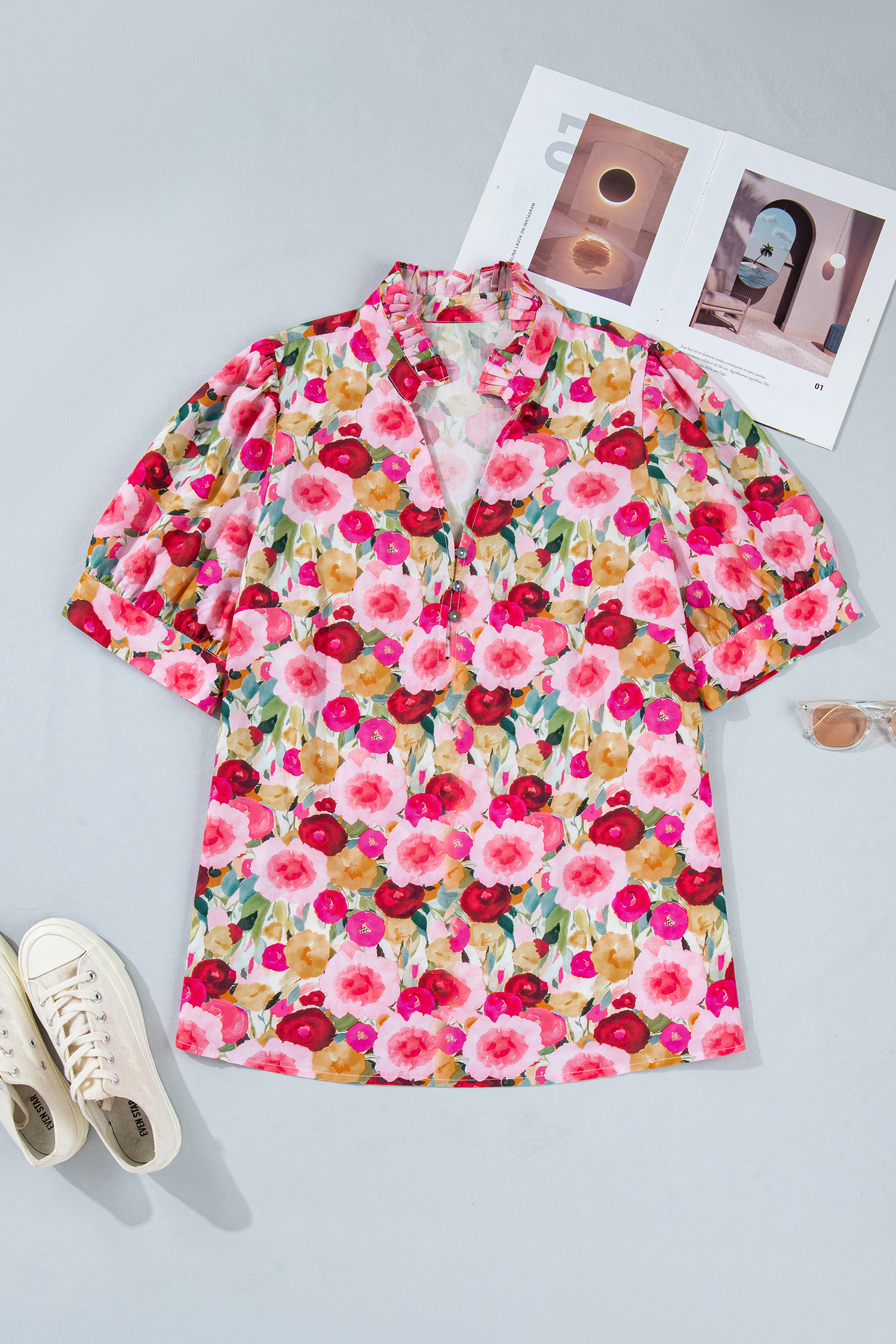 Plus Size Pink  Flower Print Split V Neck Puff Short Sleeve Top