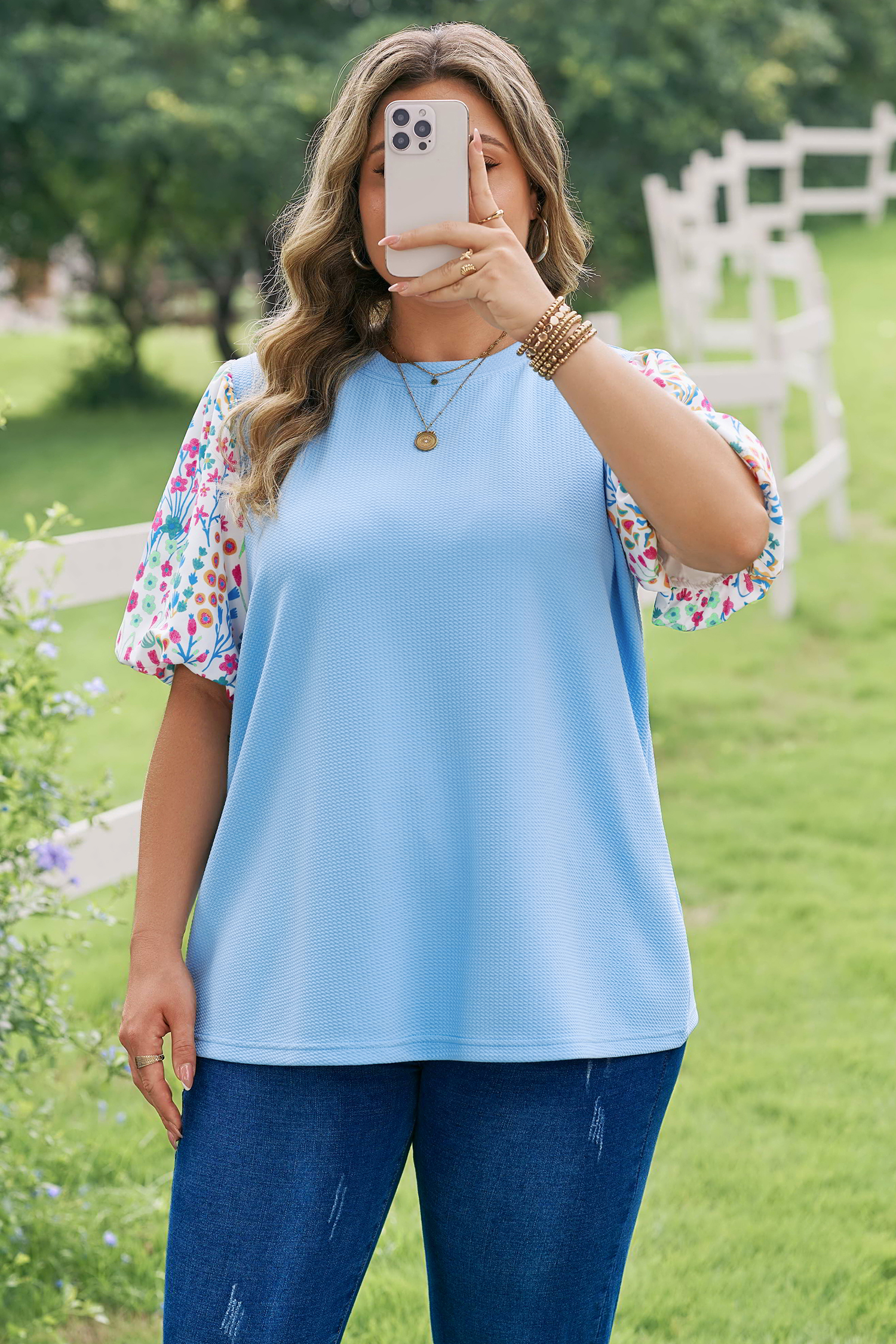 Plus Size Light Blue Textured Bodice Contrast Floral Sleeve  Top