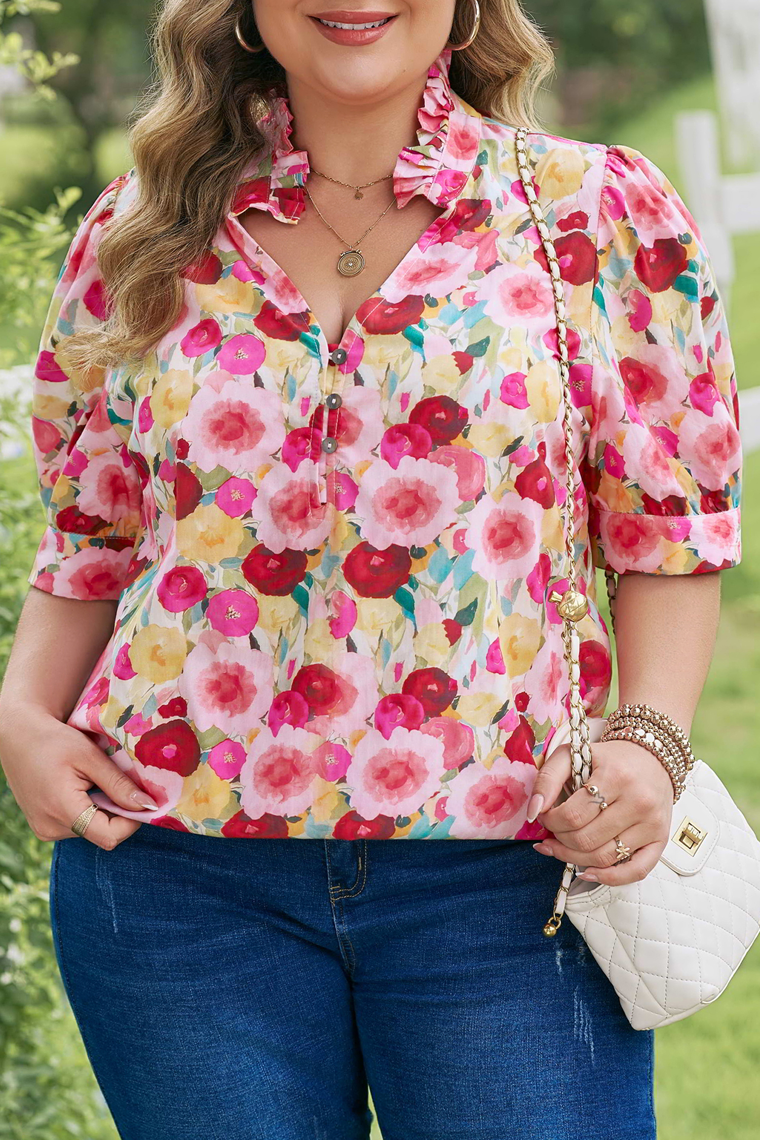 Plus Size Pink  Flower Print Split V Neck Puff Short Sleeve Top