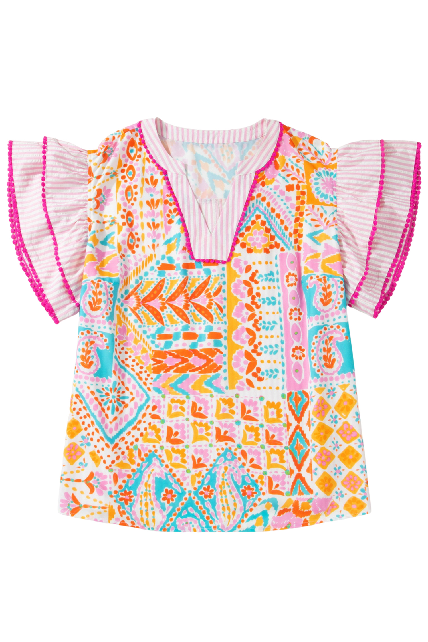 Plus Size Rose  Geometric Print Contrast Trim Striped V Neck Blouse
