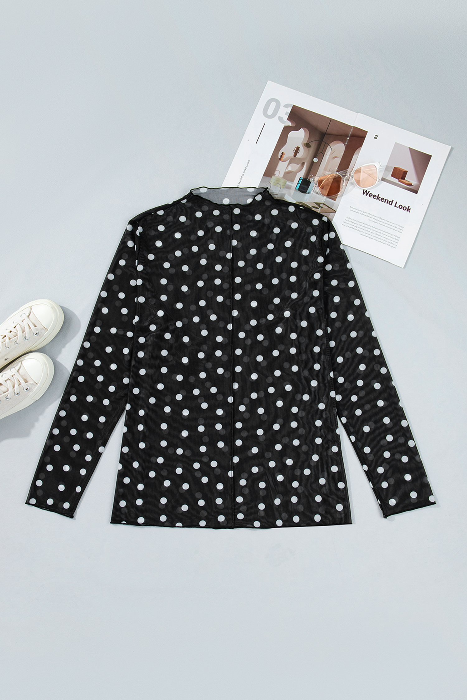 Plus Size Black  Mock Neck Polka Dot Long Sleeve Mesh Top