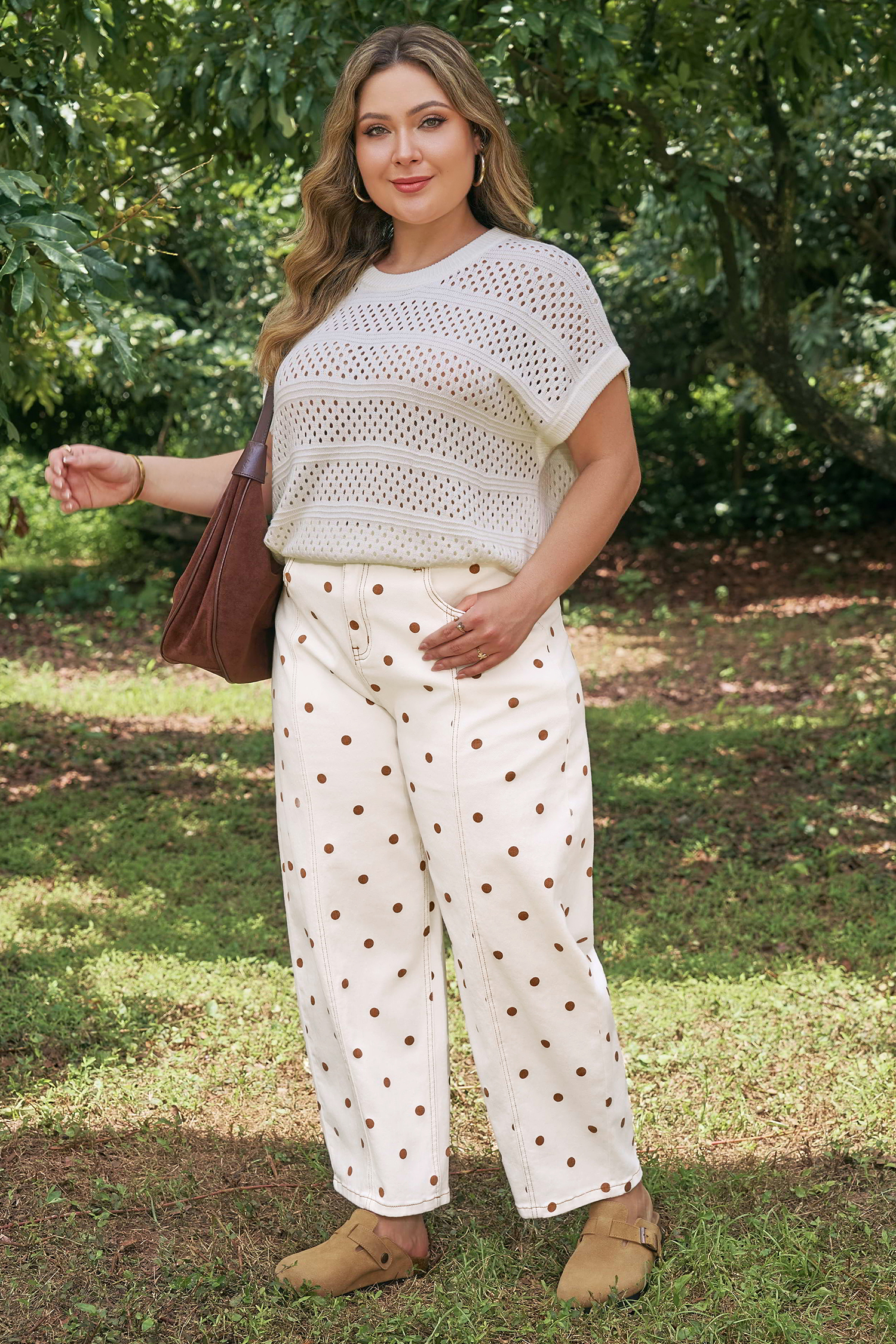 Plus Size Beige Polka Dot Print  Barrel Jeans