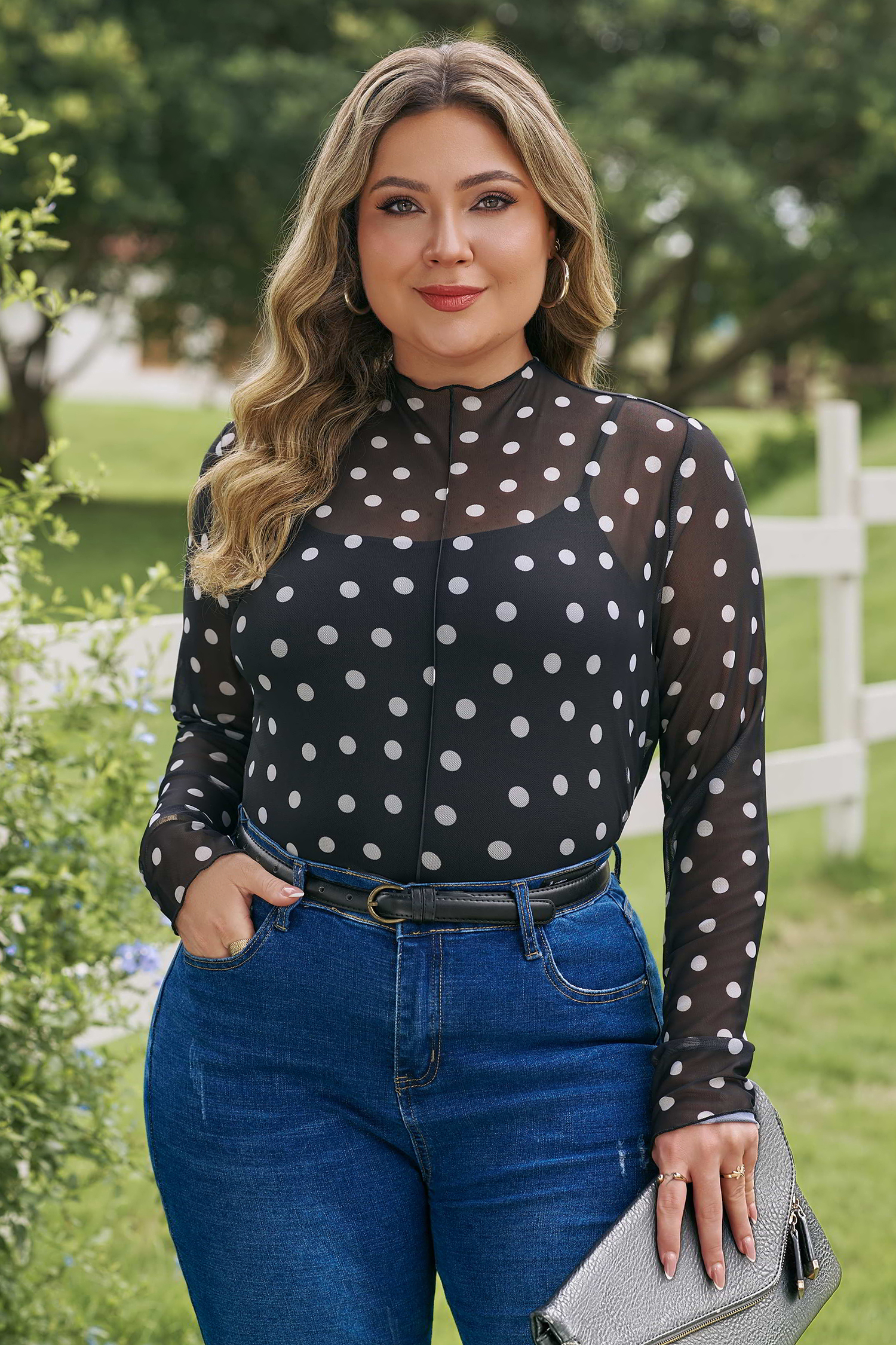 Plus Size Black  Mock Neck Polka Dot Long Sleeve Mesh Top
