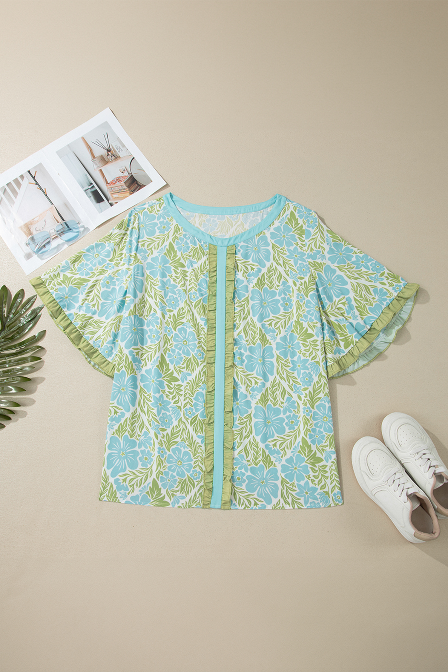 Plus Size Sky Blue  Floral Print Frilled Color Block Trim Short Sleeve Blouse