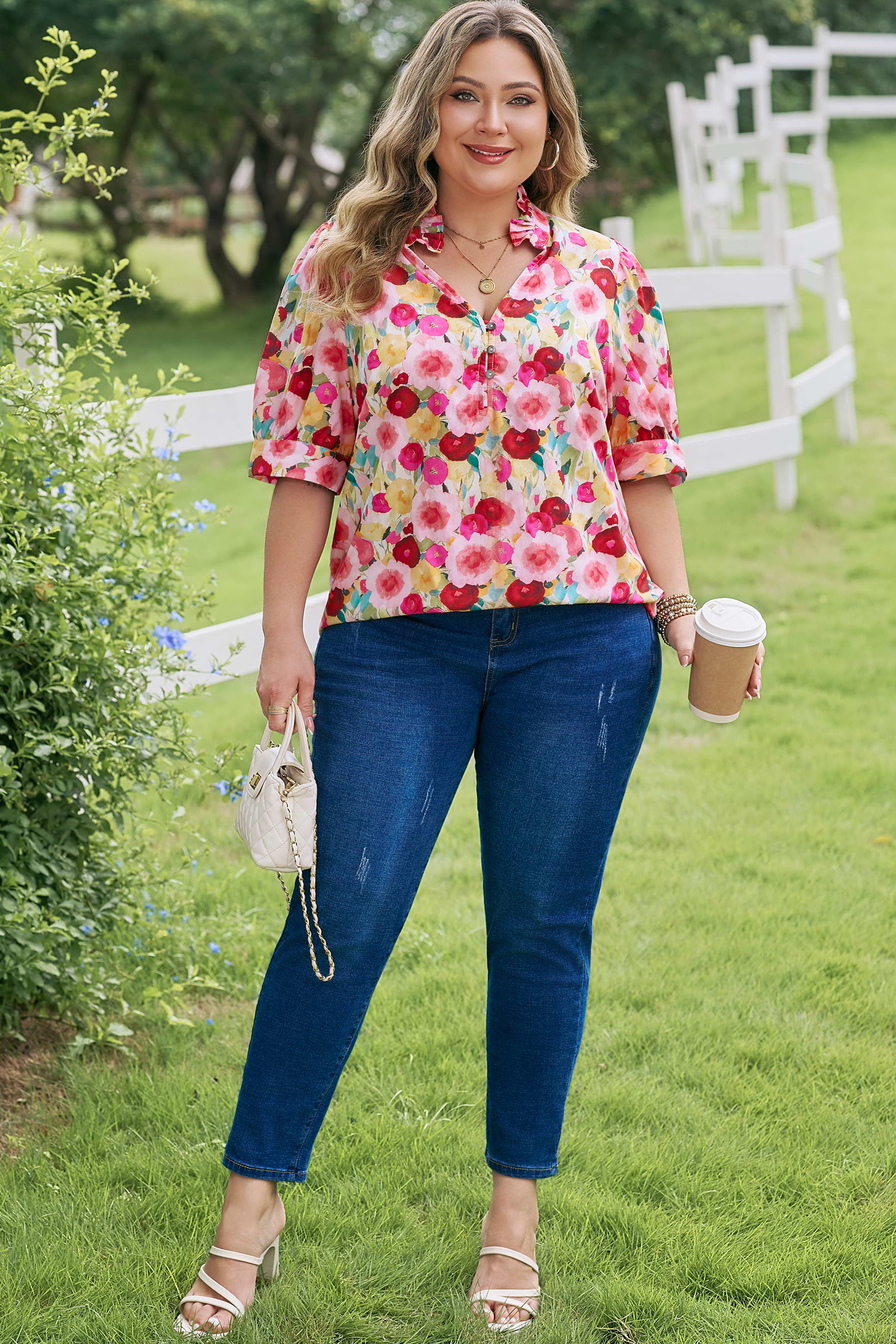 Plus Size Pink  Flower Print Split V Neck Puff Short Sleeve Top