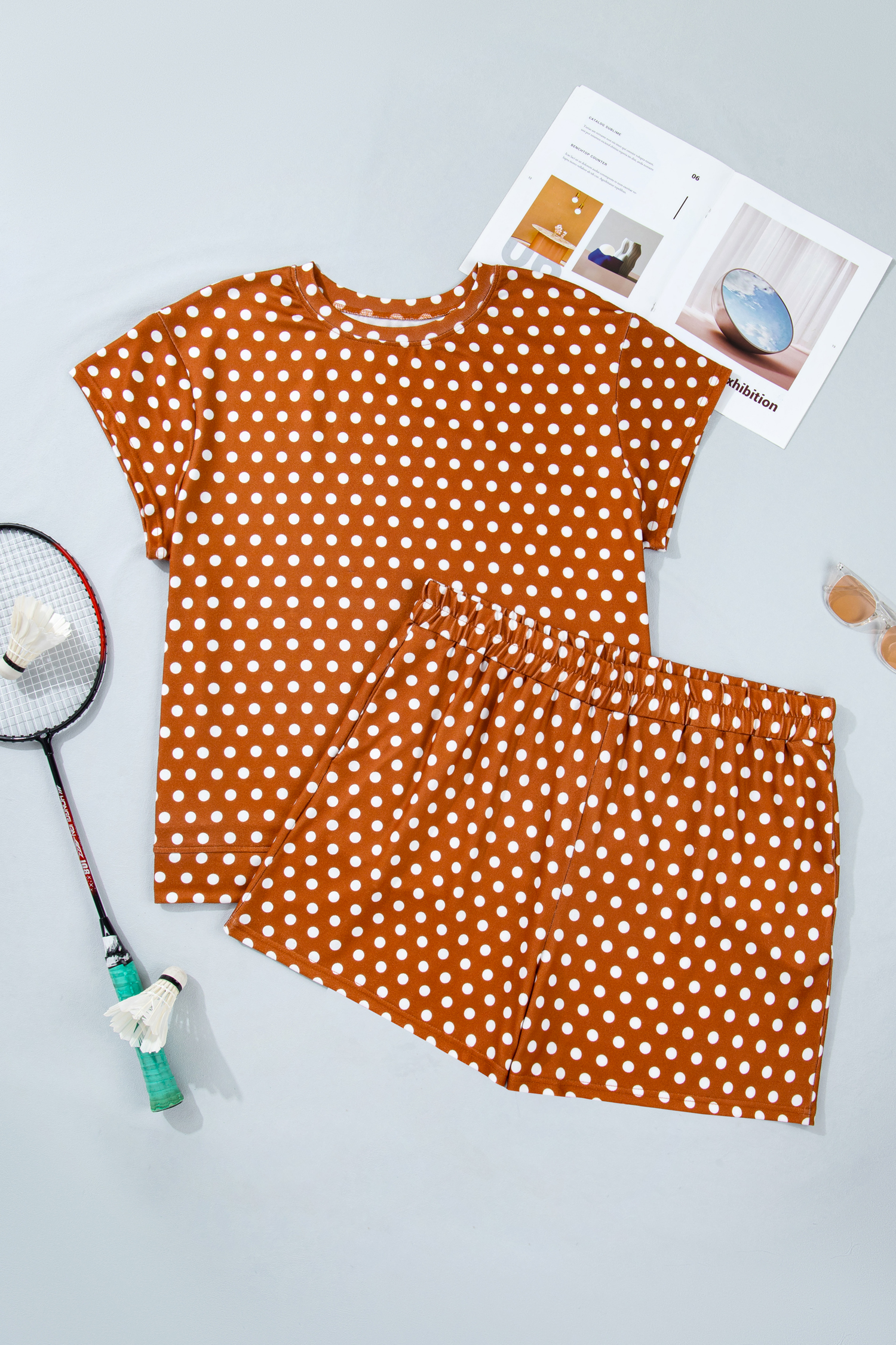 Plus Size Brown Polka Dot Print Dropped Shoulder Tee  Short Set