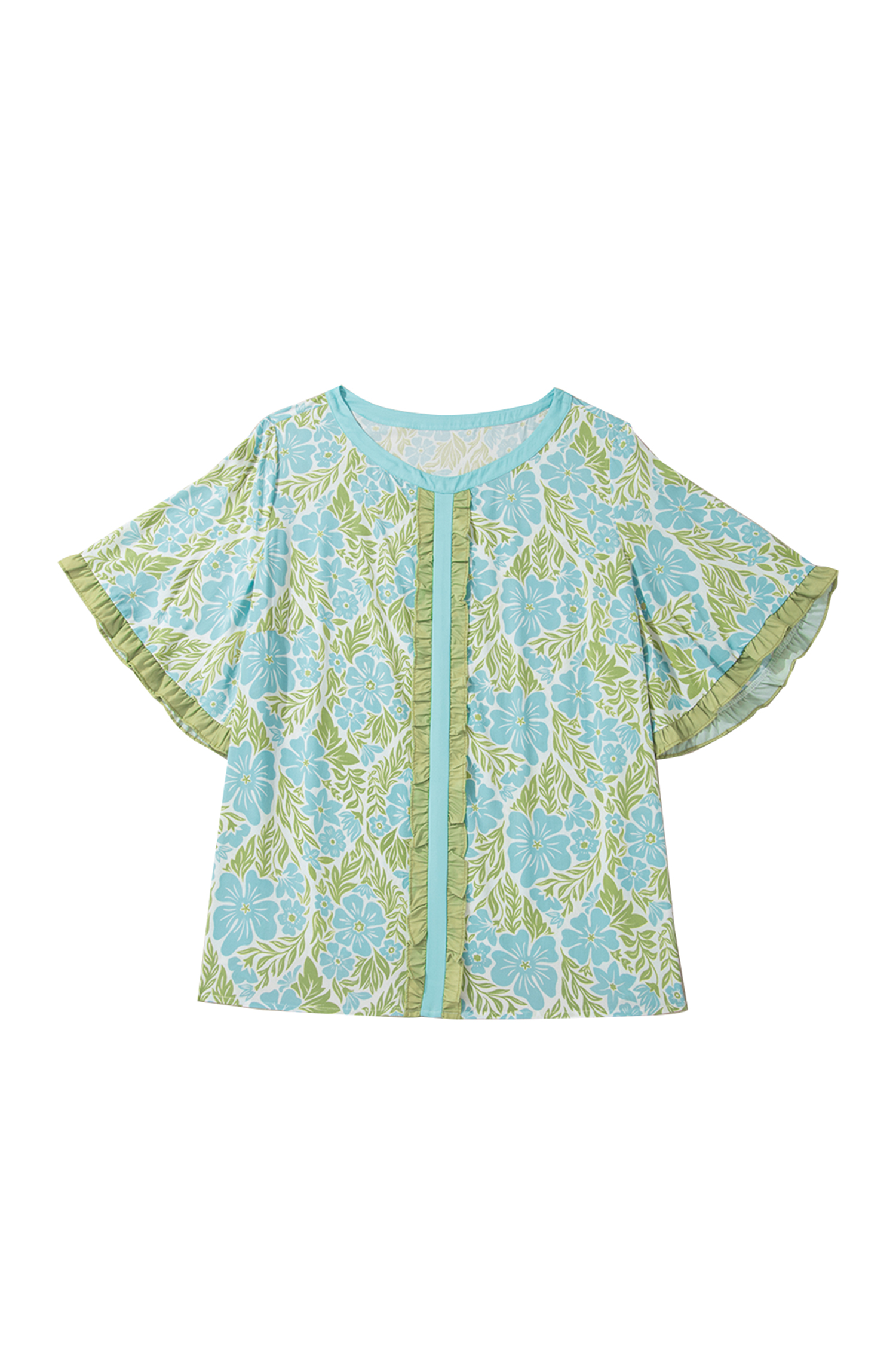 Plus Size Sky Blue  Floral Print Frilled Color Block Trim Short Sleeve Blouse
