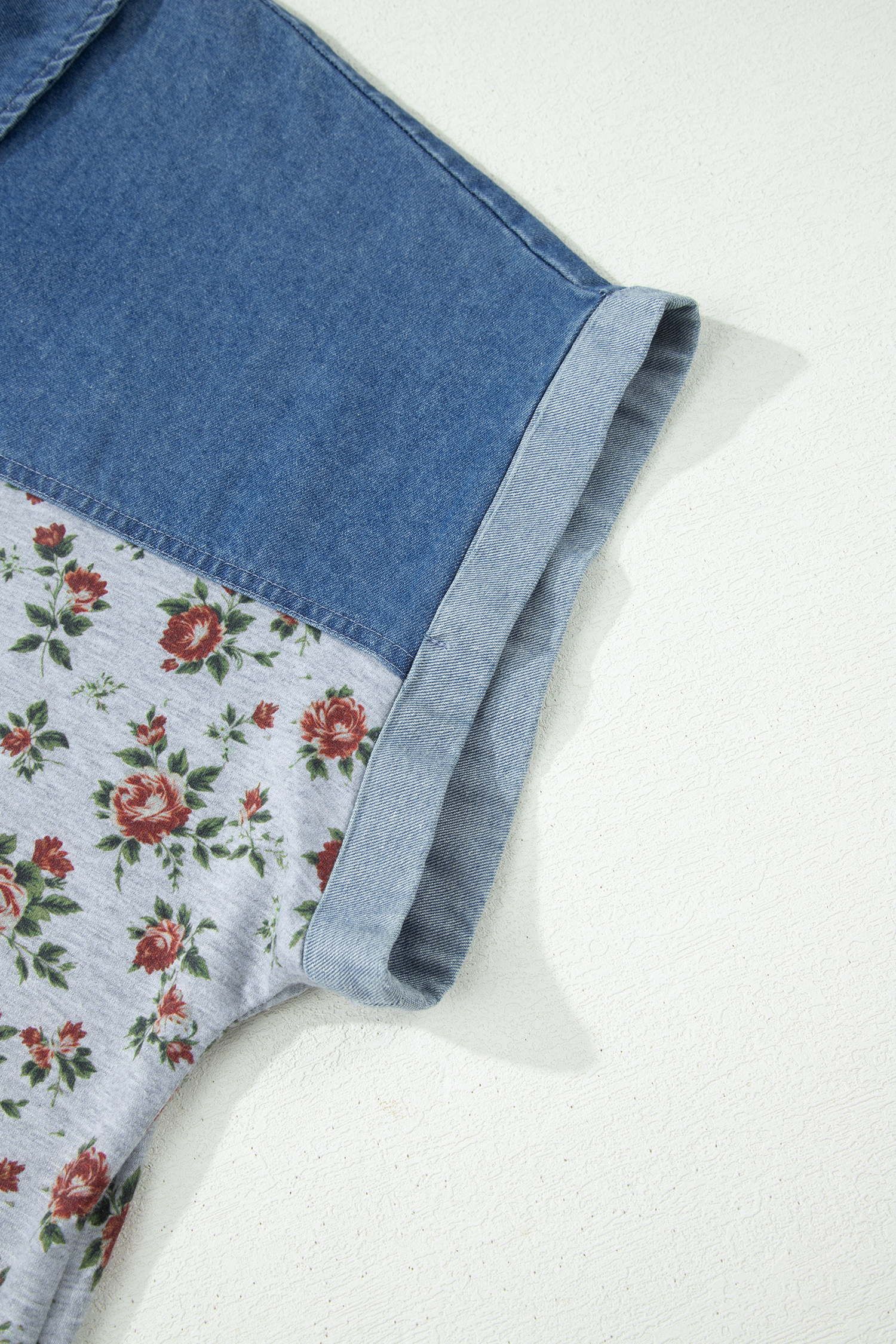 Plus Size Gray Retro Floral Print Denim Patchwork  Polo Tee