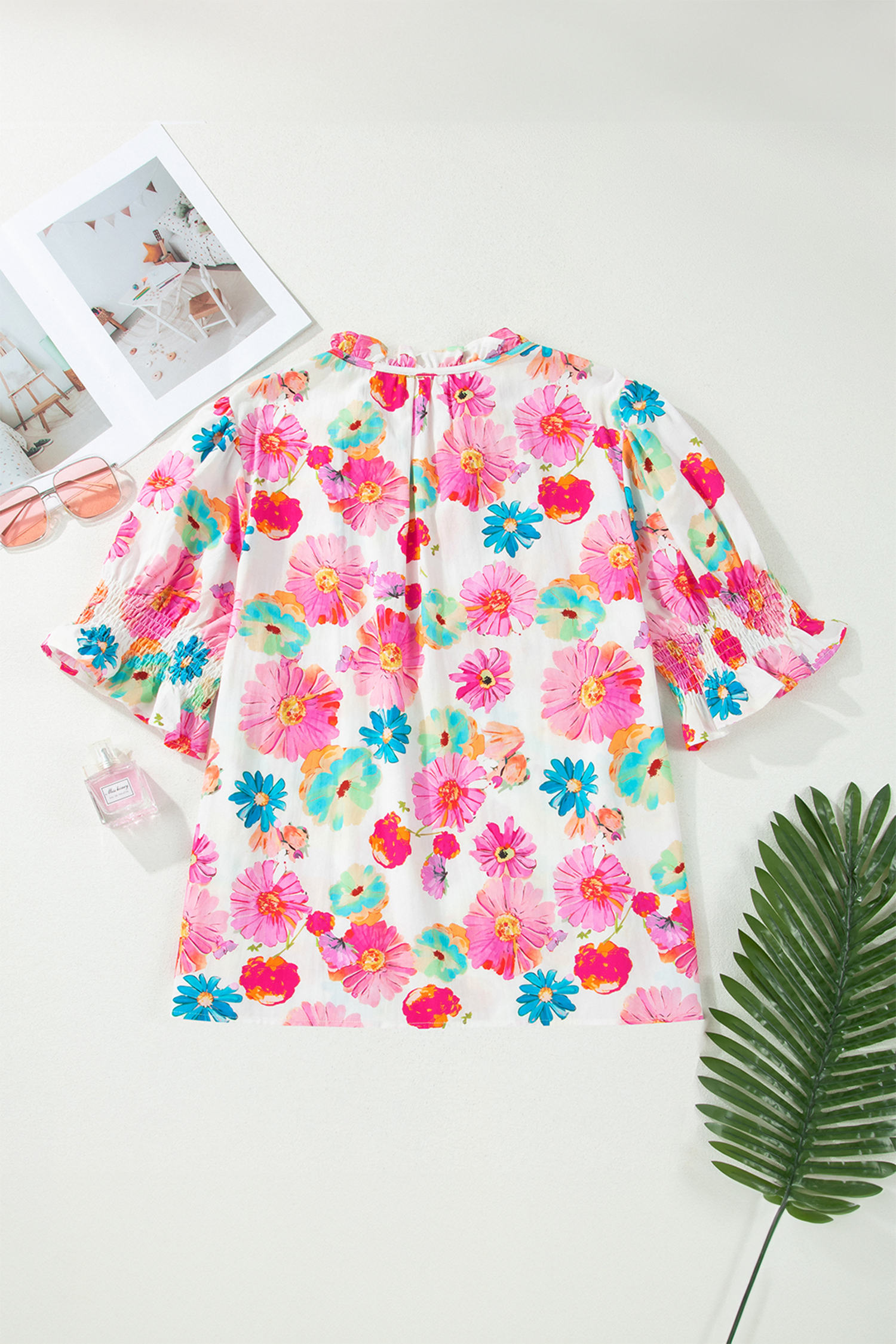 Plus Size Pink  Floral Print Ruched Short Sleeve Blouse