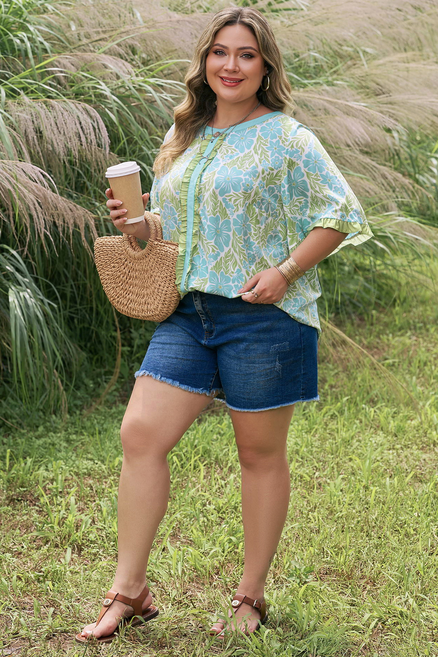 Plus Size Sky Blue  Floral Print Frilled Color Block Trim Short Sleeve Blouse