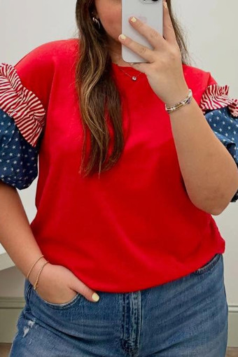 Plus Size Fiery Red  Striped Ruffles Star Short Bubble Sleeve Patchwork Top