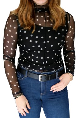 Plus Size Black  Mock Neck Polka Dot Long Sleeve Mesh Top