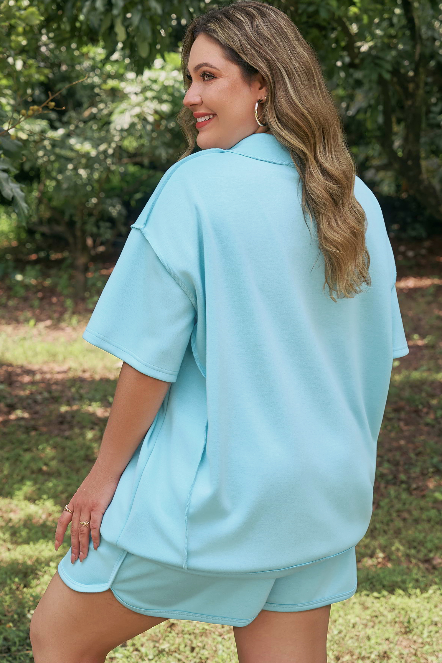 Plus Size Mist Blue Solid Color Mock Neck Half Sleeve Top  2pcs Short Set