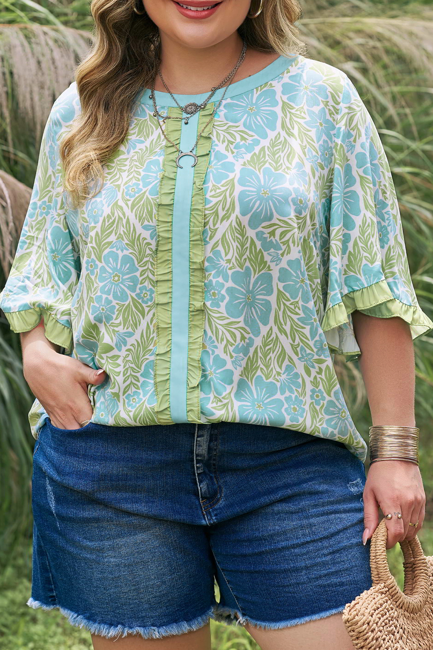 Plus Size Sky Blue  Floral Print Frilled Color Block Trim Short Sleeve Blouse
