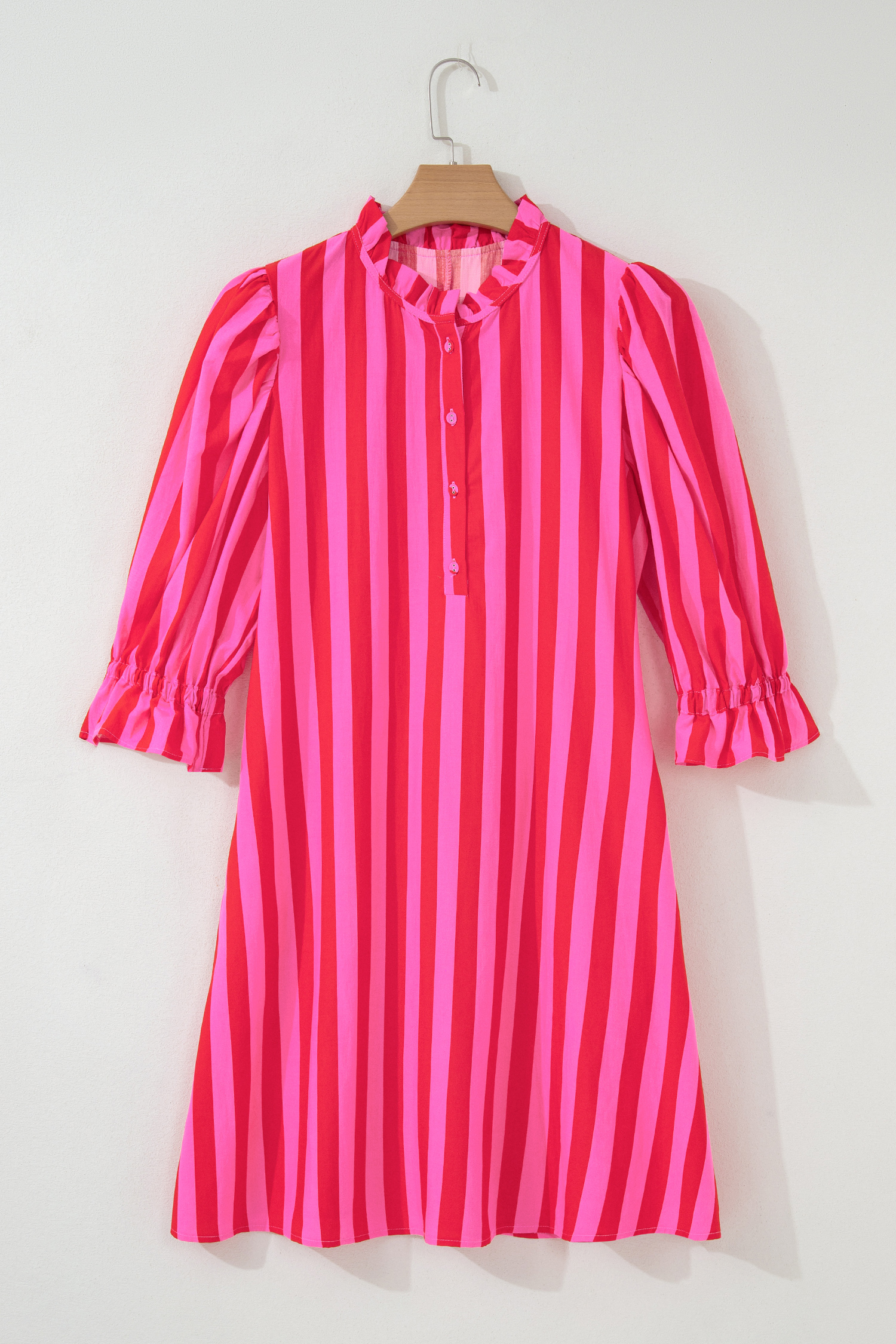 Rose Stripe Frilled Collar Button Neck Short Sleeve Curvy Mini Dress